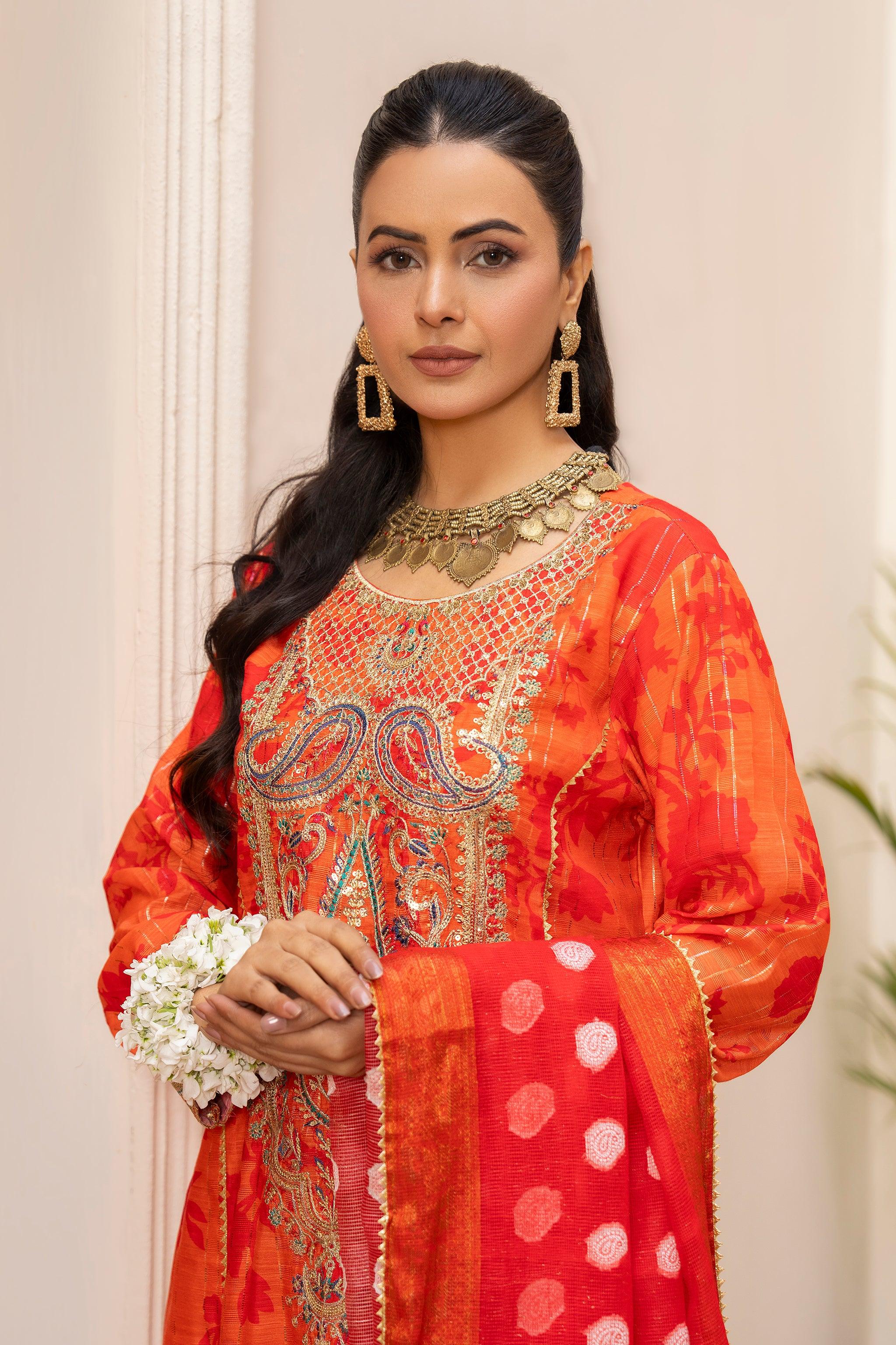 3 PC Orange Lorax Munnar Ready To Wear - AR-3659 - ARFARIWAJ