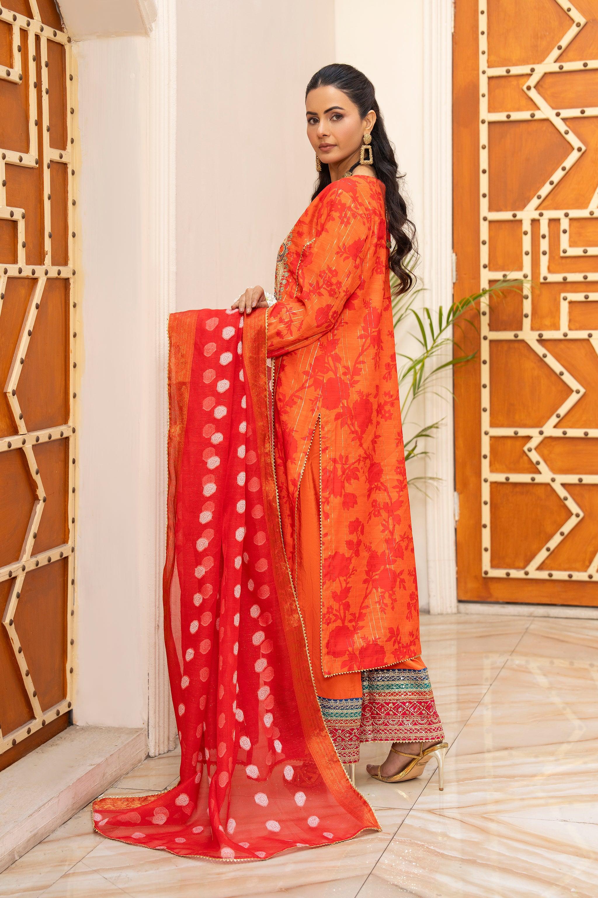 3 PC Orange Lorax Munnar Ready To Wear - AR-3659 - ARFARIWAJ