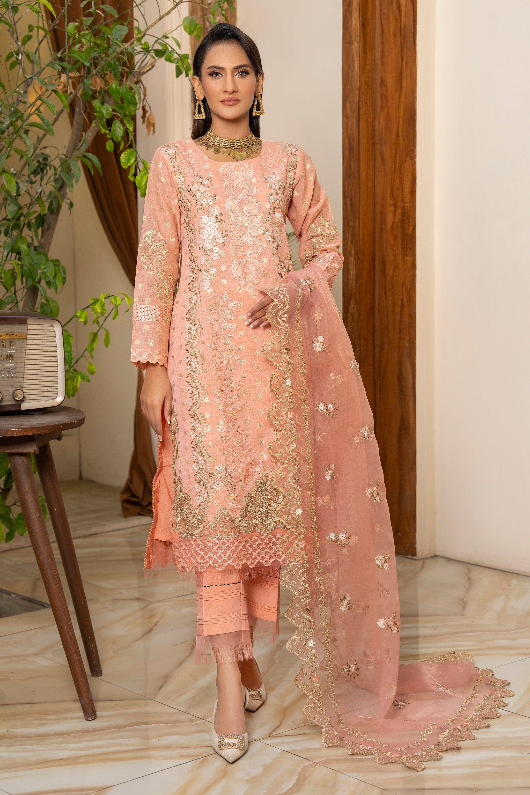 3 PC Peach Zari Jacquard Ready To Wear - AR-3669 - ARFARIWAJ