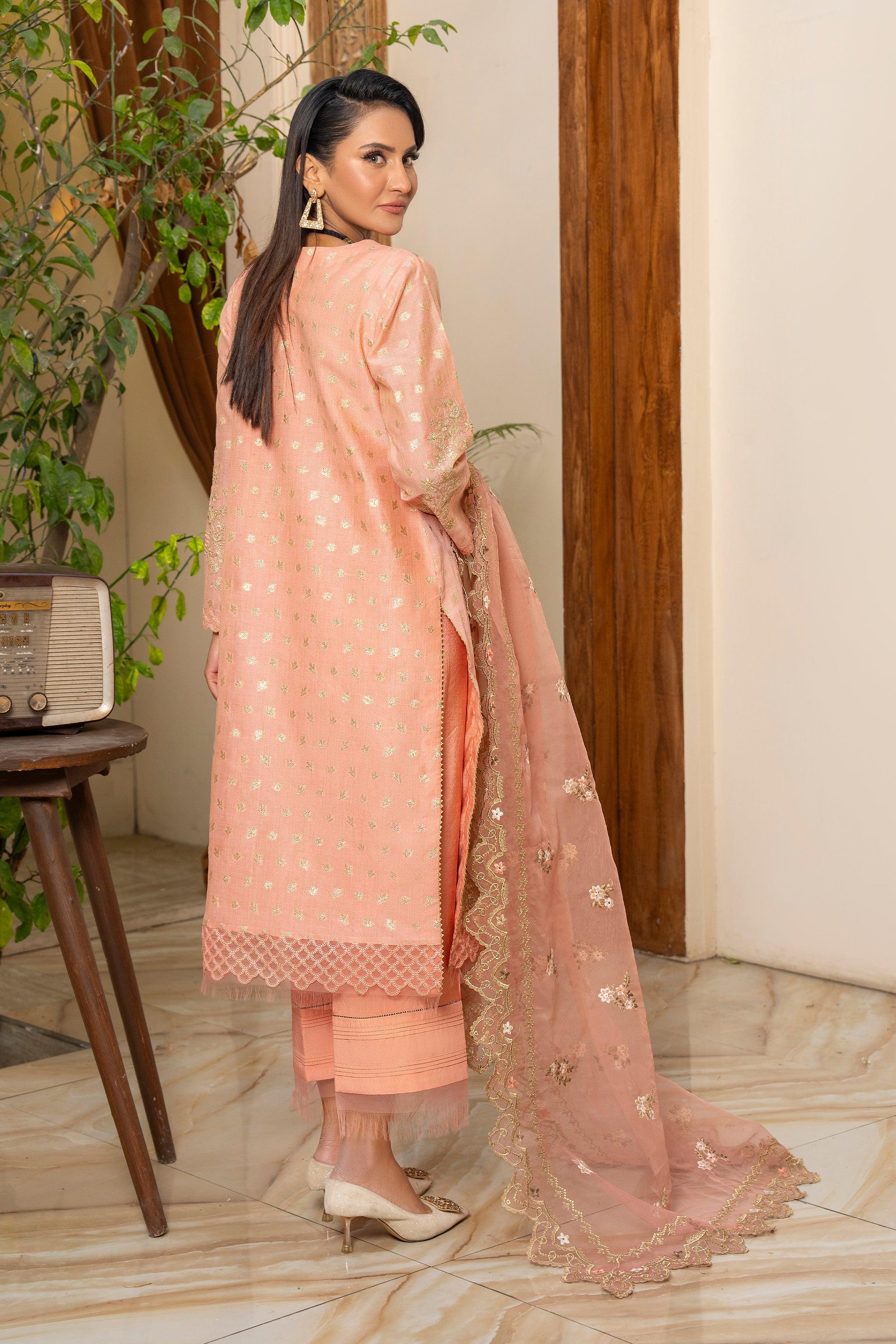 3 PC Peach Zari Jacquard Ready To Wear - AR-3669 - ARFARIWAJ