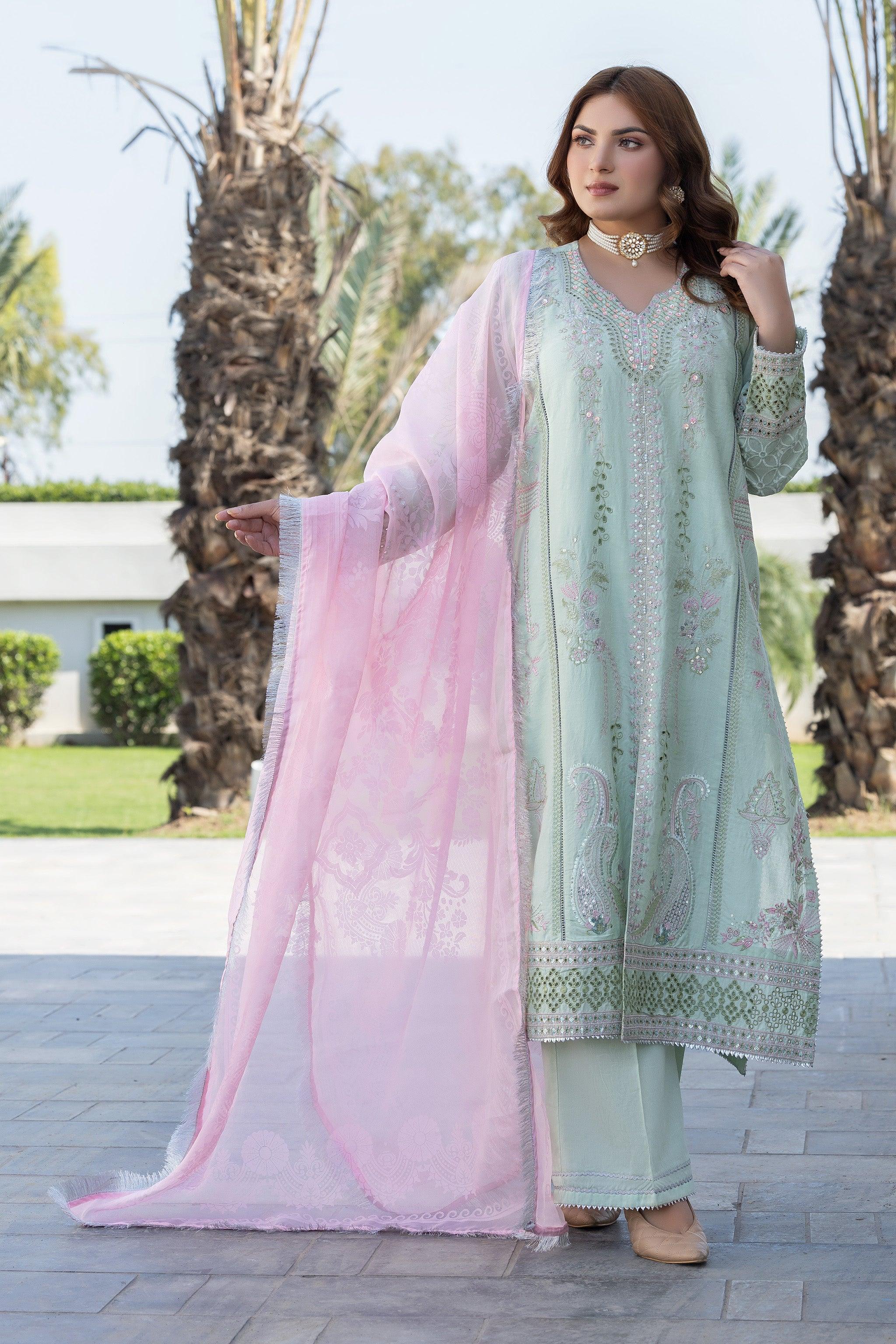 3 Pcs Aero Blue Self Jacquard Ready To Wear - AR-3623 - ARFARIWAJ