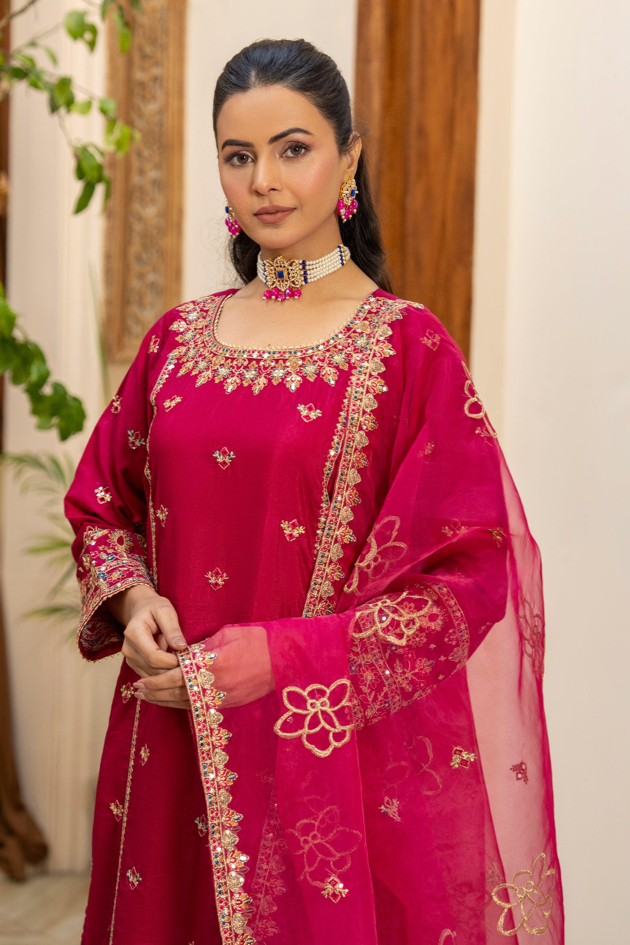 3 Pcs Hot Pink Thai Silk Ready To Wear - AR-3425 - ARFARIWAJ