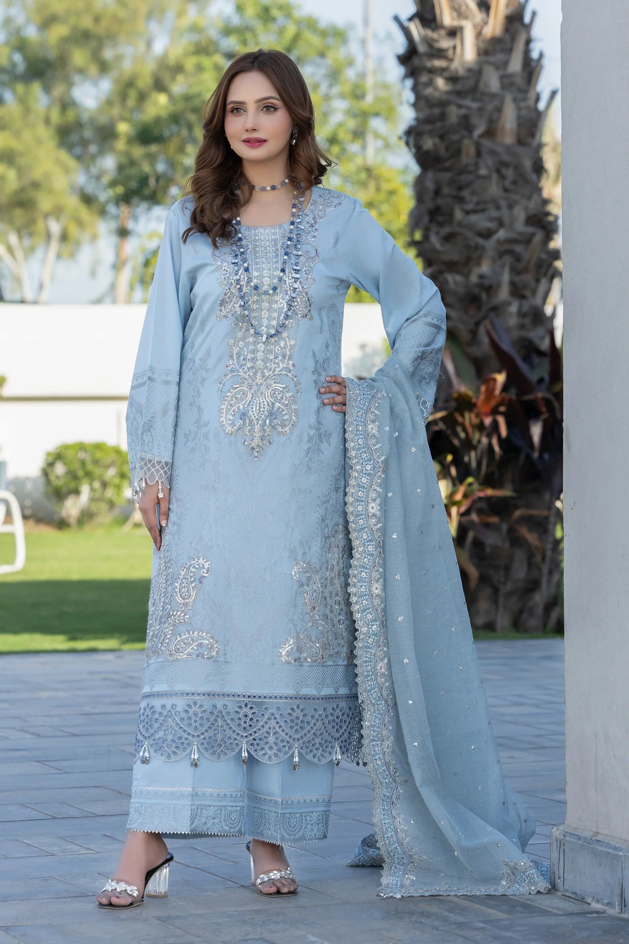 3 Piece Ice Blue Composed Jacquard Suit Pret - AR-3648 - ARFARIWAJ