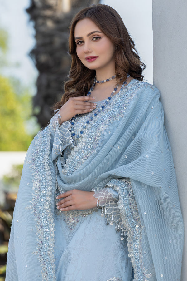3 Piece Ice Blue Composed Jacquard Suit Pret - AR-3648 - ARFARIWAJ