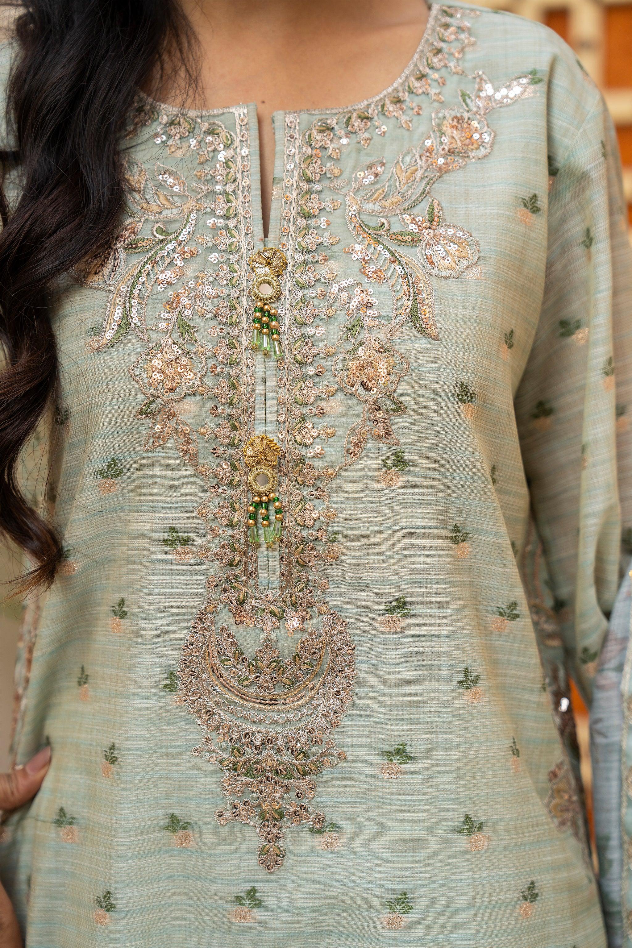 3 Pcs Mint Zari Jacquard Ready To Wear - AR-3581 - ARFARIWAJ