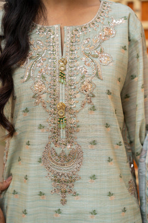 3 Pcs Mint Zari Jacquard Ready To Wear - AR-3581 - ARFARIWAJ