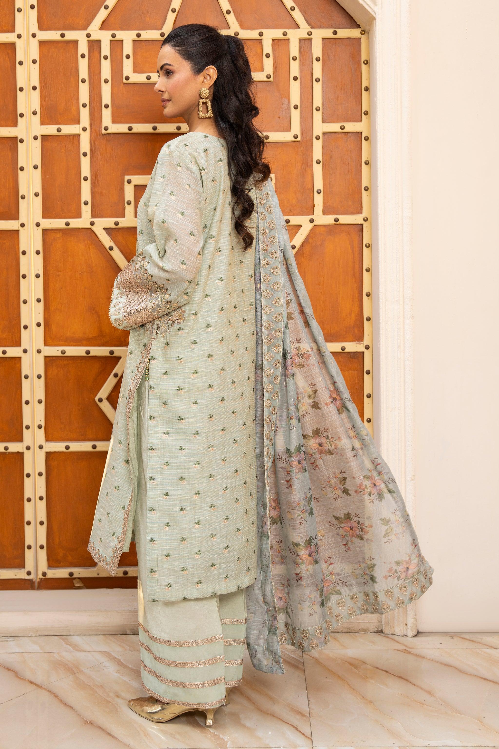 3 Pcs Mint Zari Jacquard Ready To Wear - AR-3581 - ARFARIWAJ