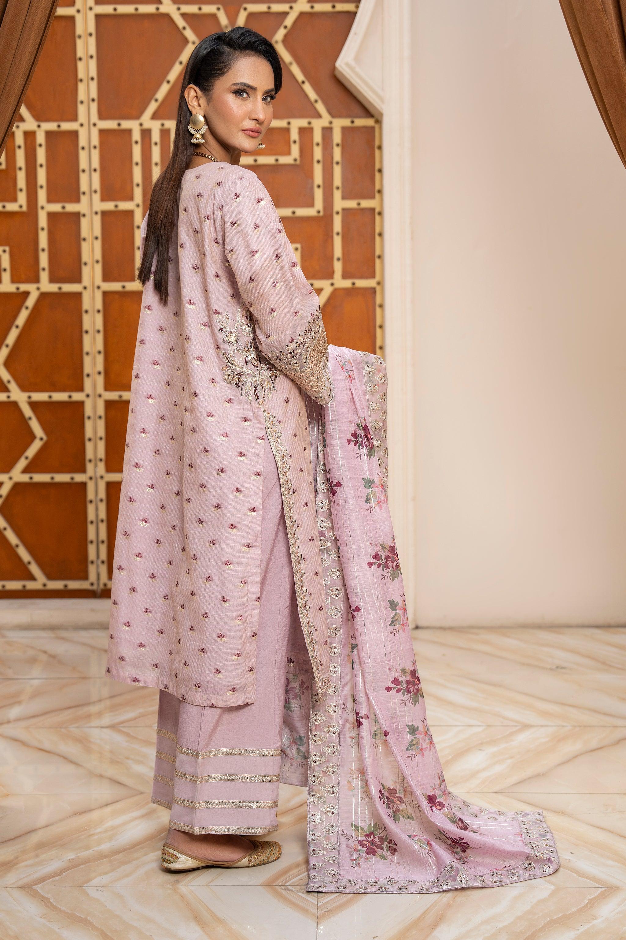 3 Pcs Pink Zari Jacquard Ready To Wear - AR-3581 - ARFARIWAJ