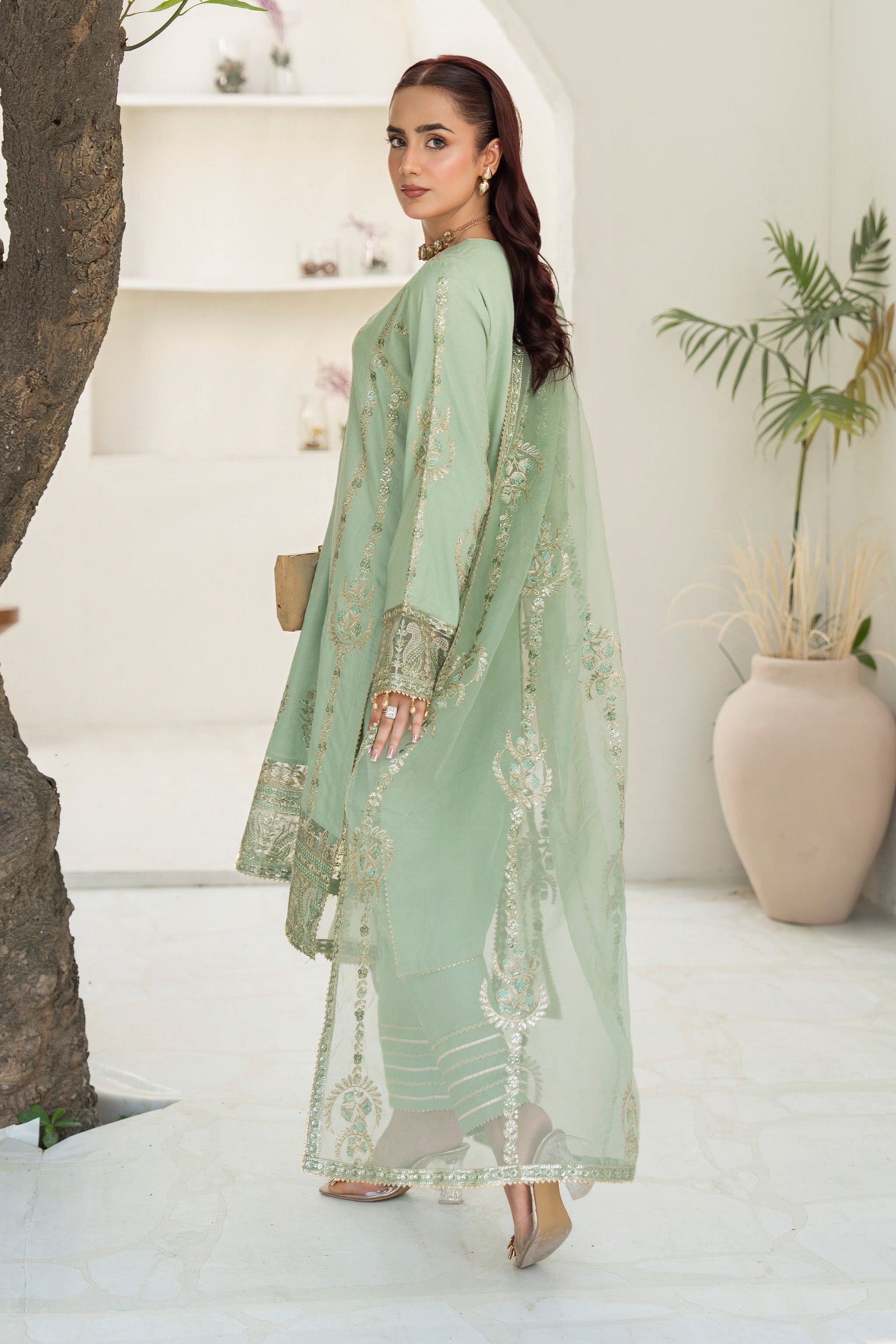 3 Pcs Ready To Wear Green Viscose Suit - AR-3881 - ARFARIWAJ