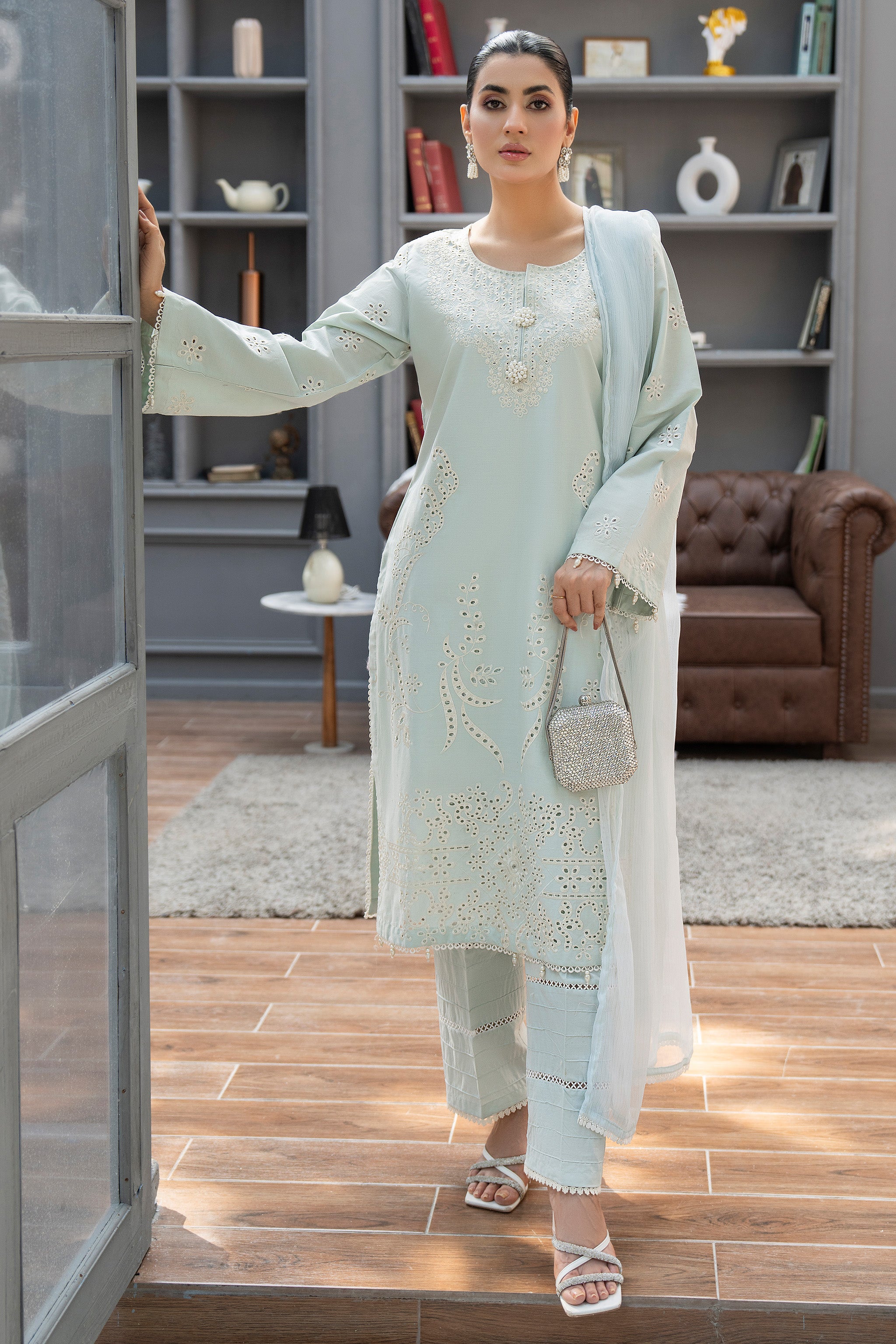 3 Pcs Ready To Wear Mint Green Cambric Suit - AR-3787 - ARFARIWAJ