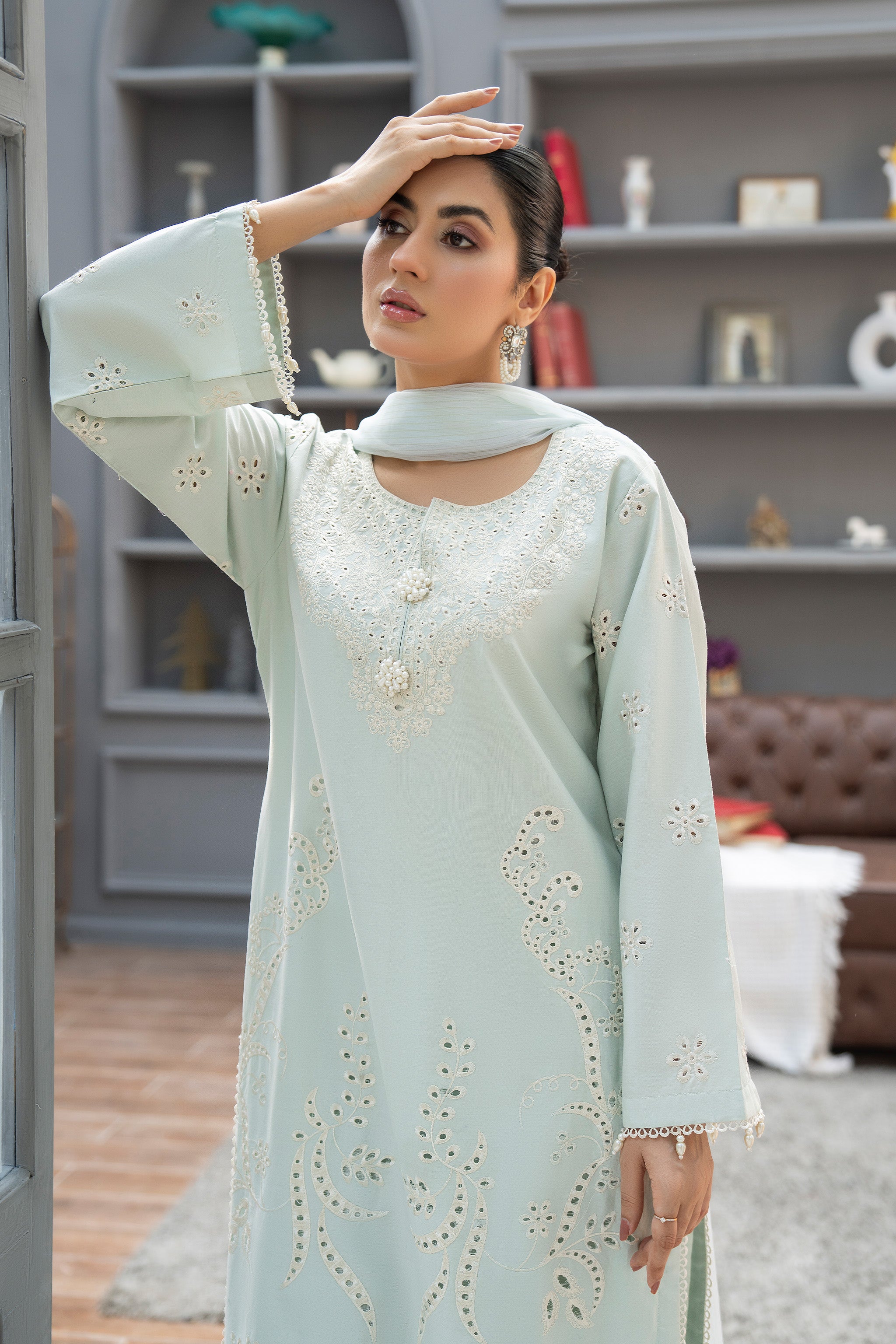 3 Pcs Ready To Wear Mint Green Cambric Suit - AR-3787 - ARFARIWAJ