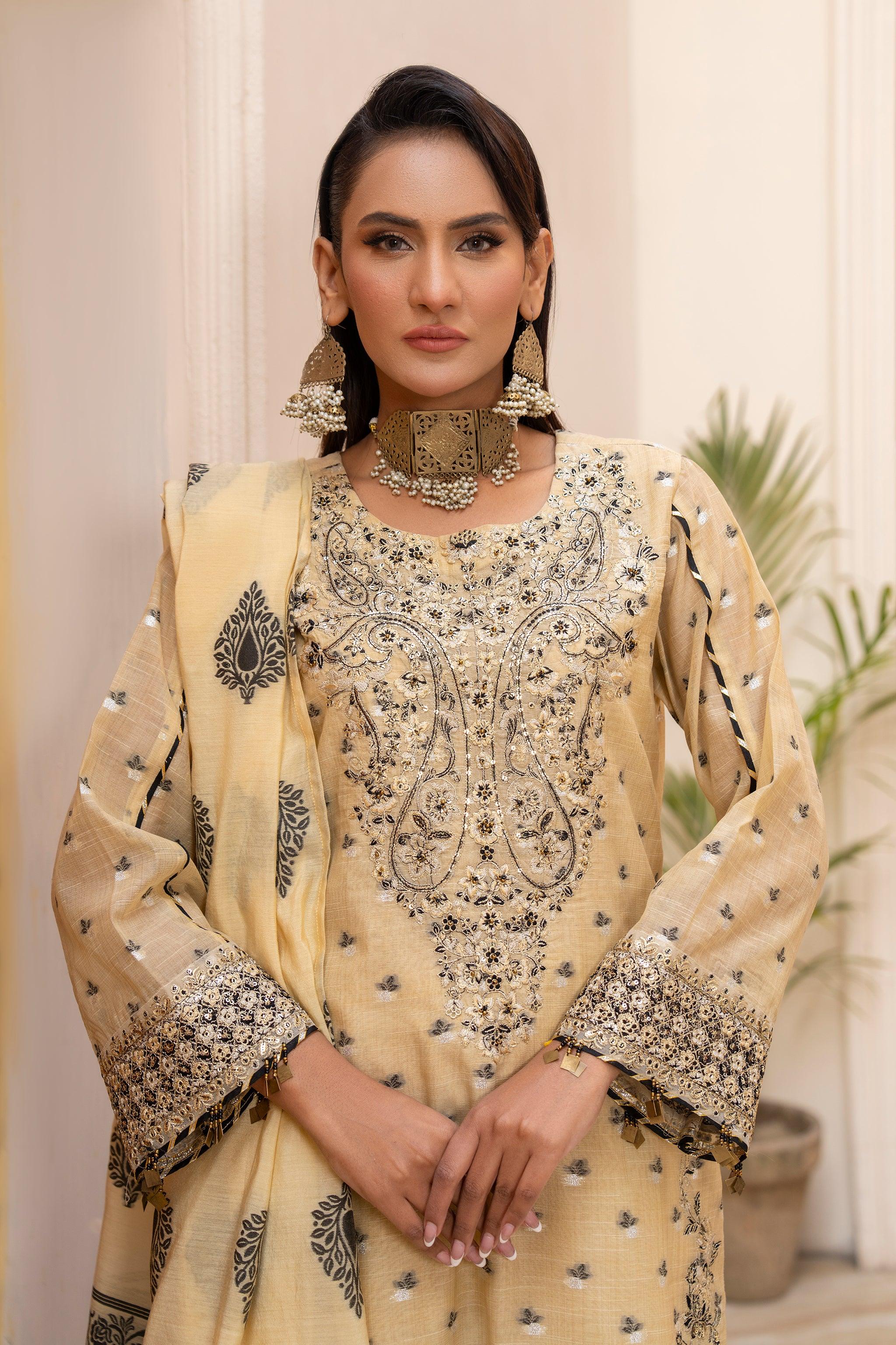 3 Pcs Skin Zari Jacquard Ready To Wear - AR-3641 - ARFARIWAJ