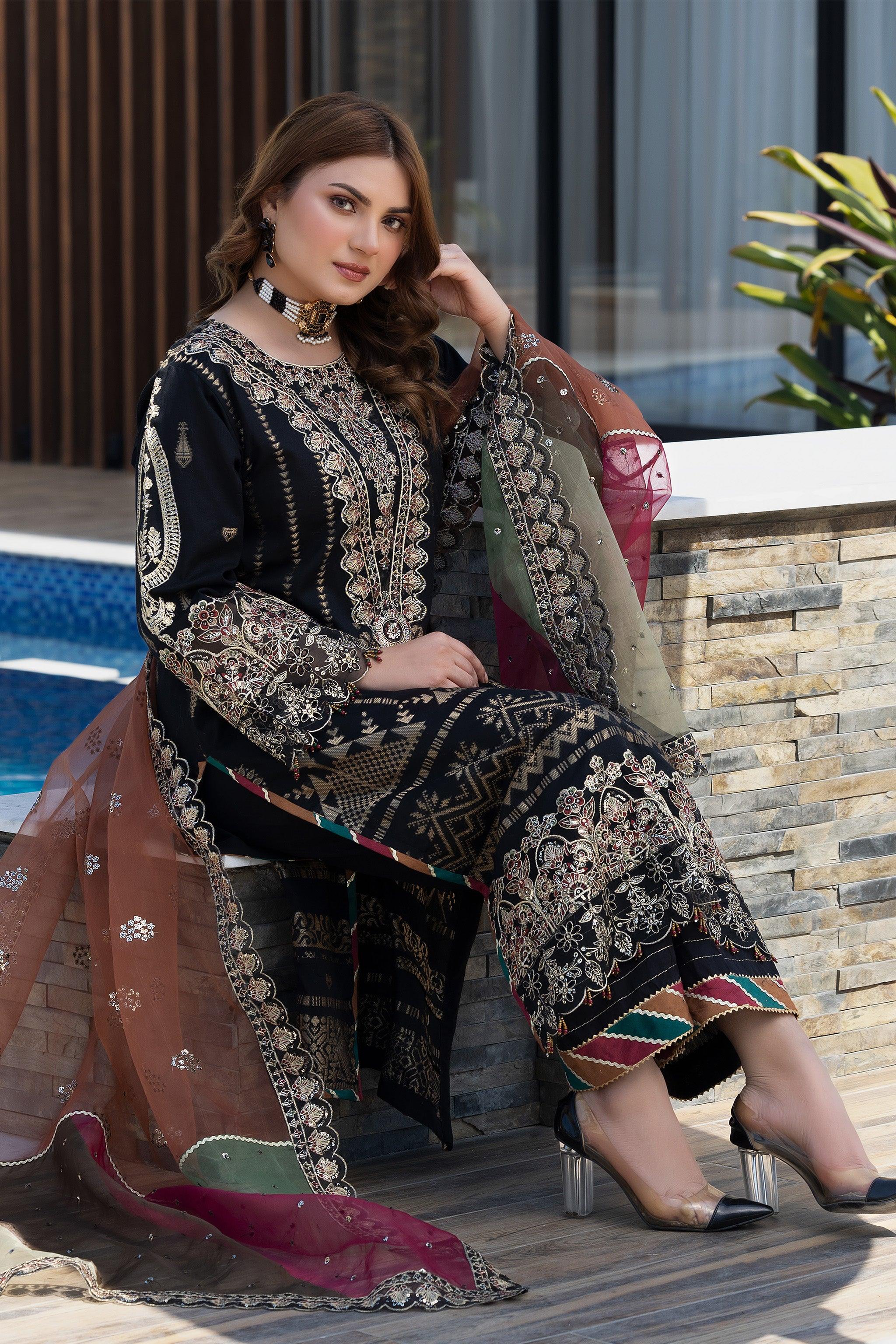 3 Piece Black Jacquard Ready To Wear - AR-3665 - ARFARIWAJ