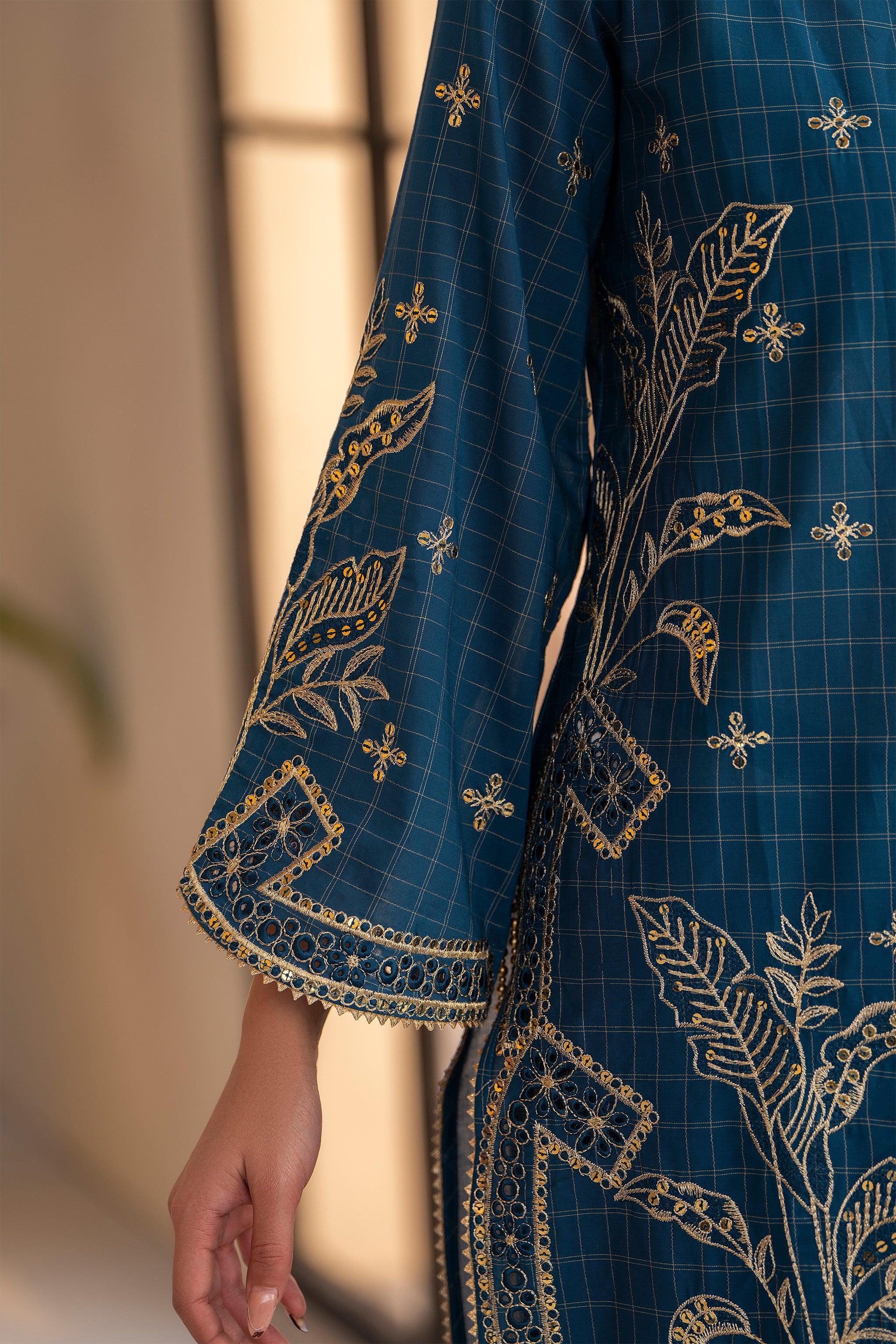 3 Piece Blue Grid Lawn Ready To Wear - AR-3666 - ARFARIWAJ