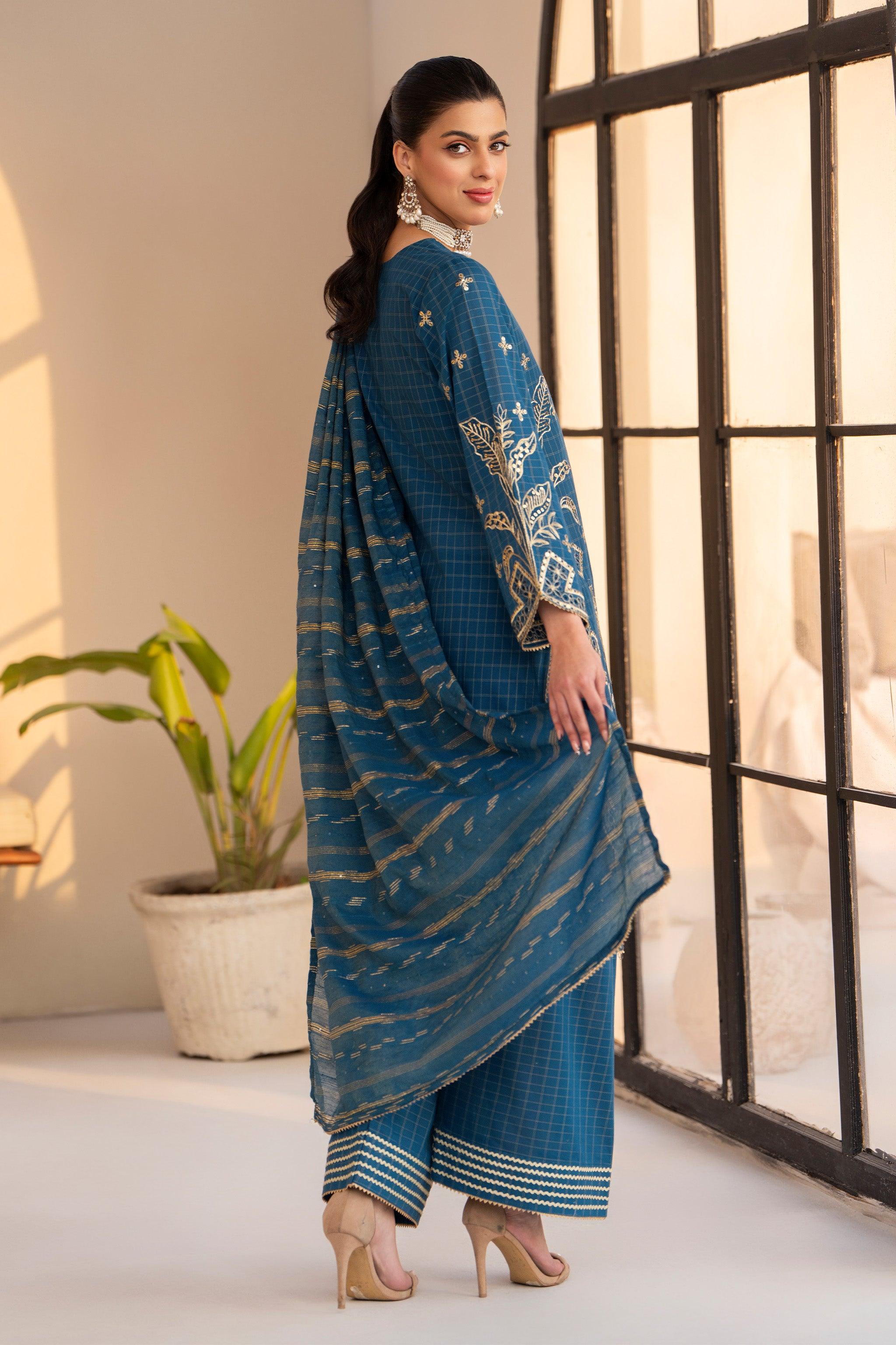 3 Piece Blue Grid Lawn Ready To Wear - AR-3666 - ARFARIWAJ