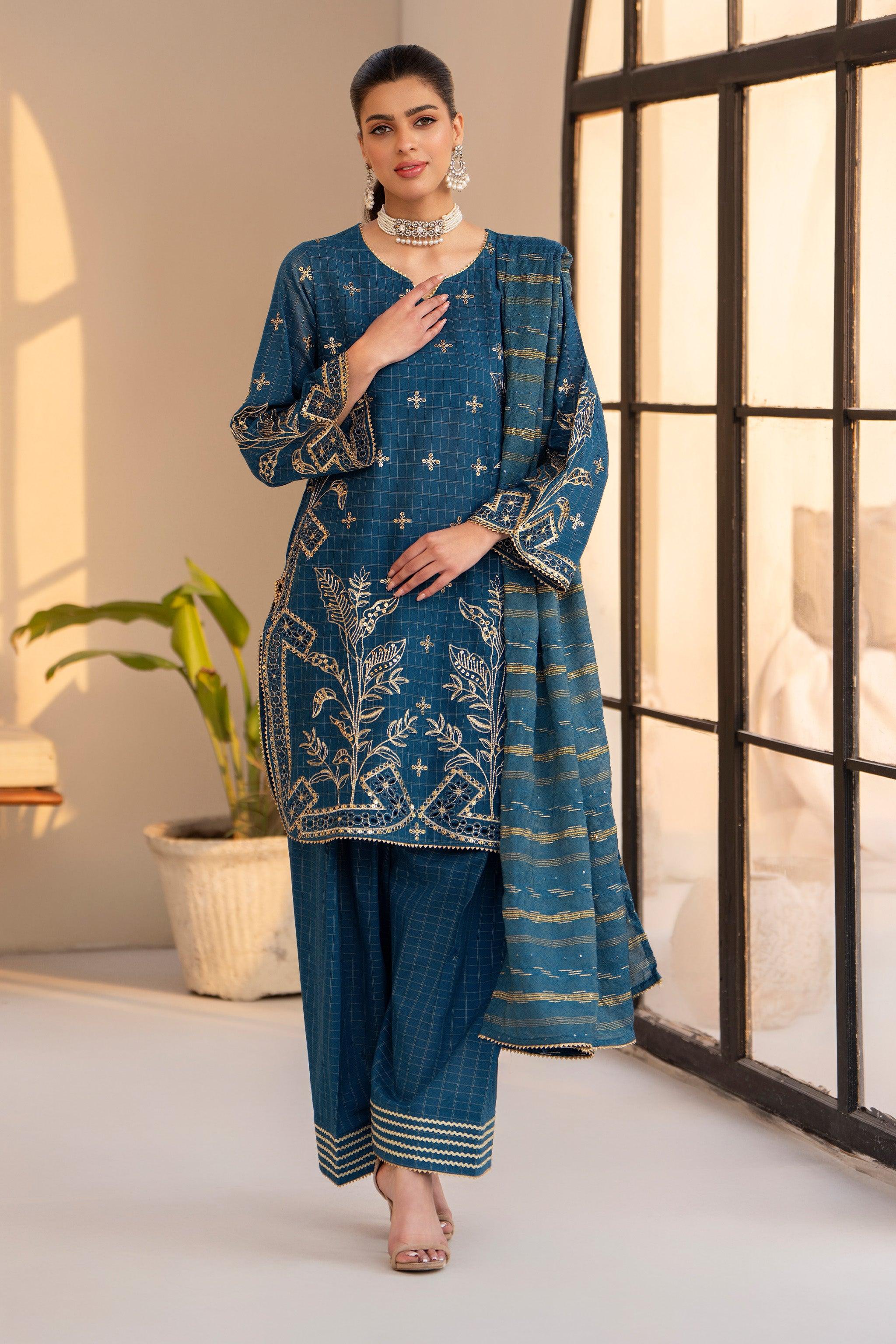 3 Piece Blue Grid Lawn Suit Pret - AR-3666 - ARFARIWAJ