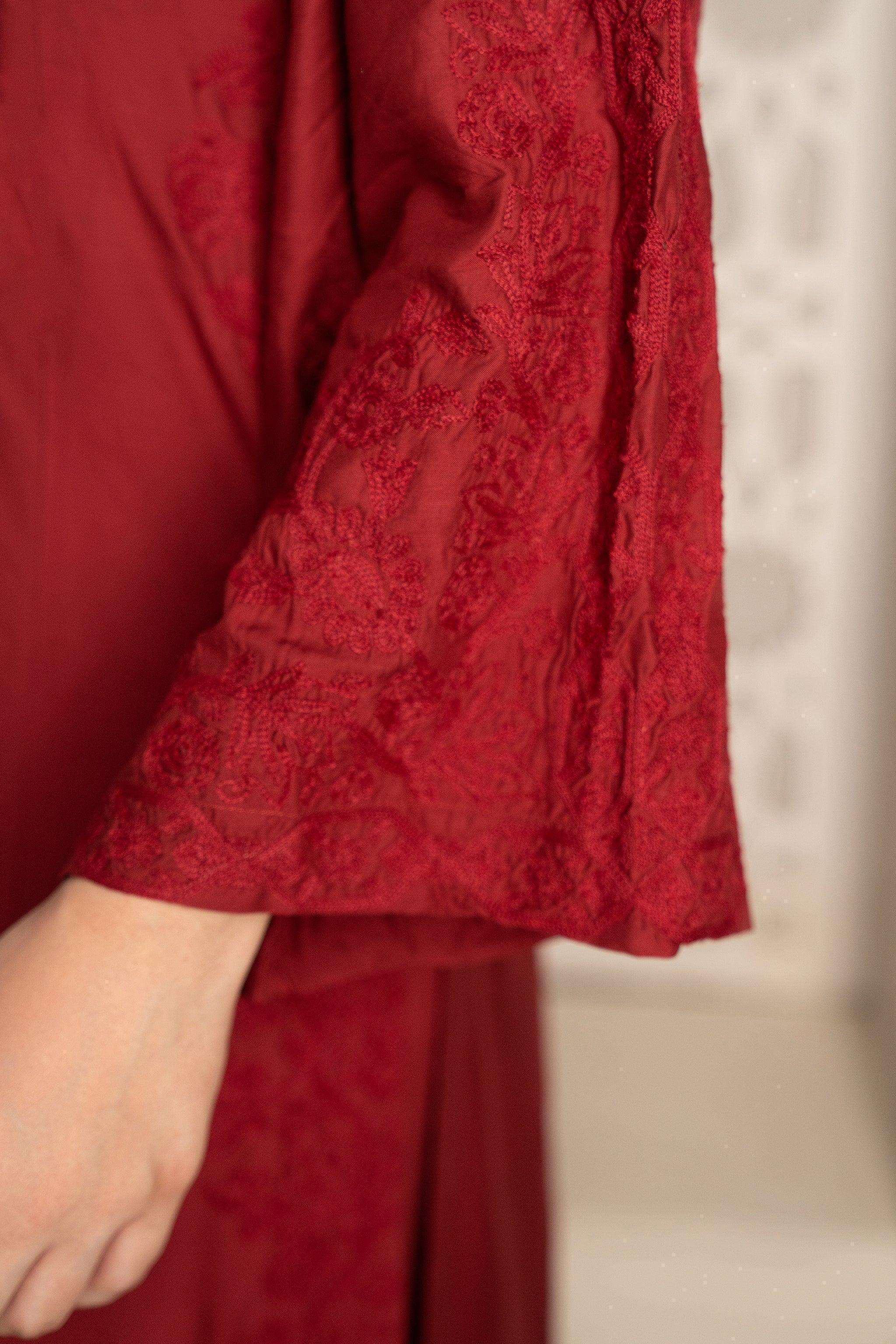 3 Piece Cotton Suit Ready To Wear - AR-3016-Maroon Sheesh - ARFARIWAJ