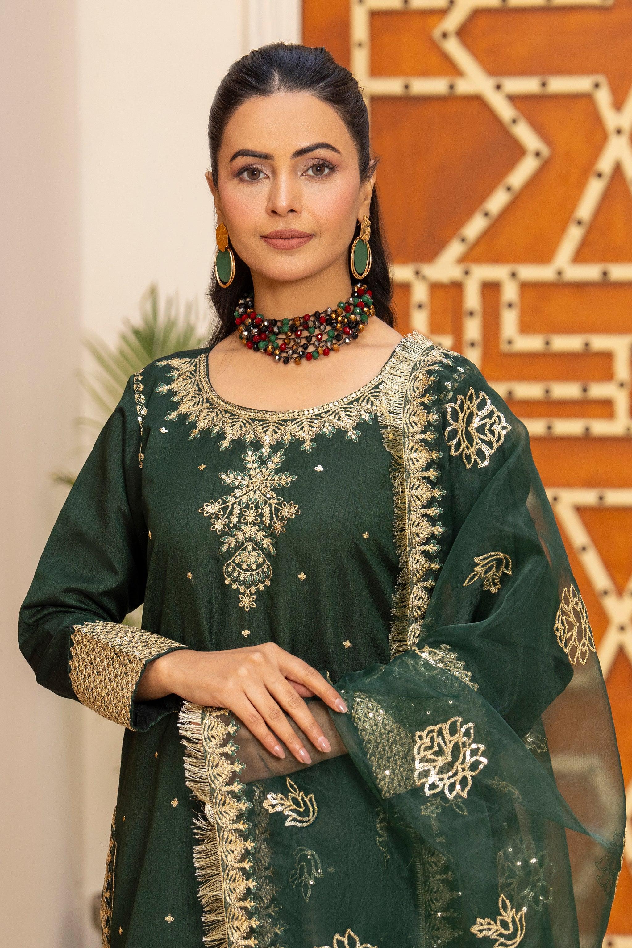 3 Piece Green Thai Silk Ready To Wear - AR-3511 - ARFARIWAJ