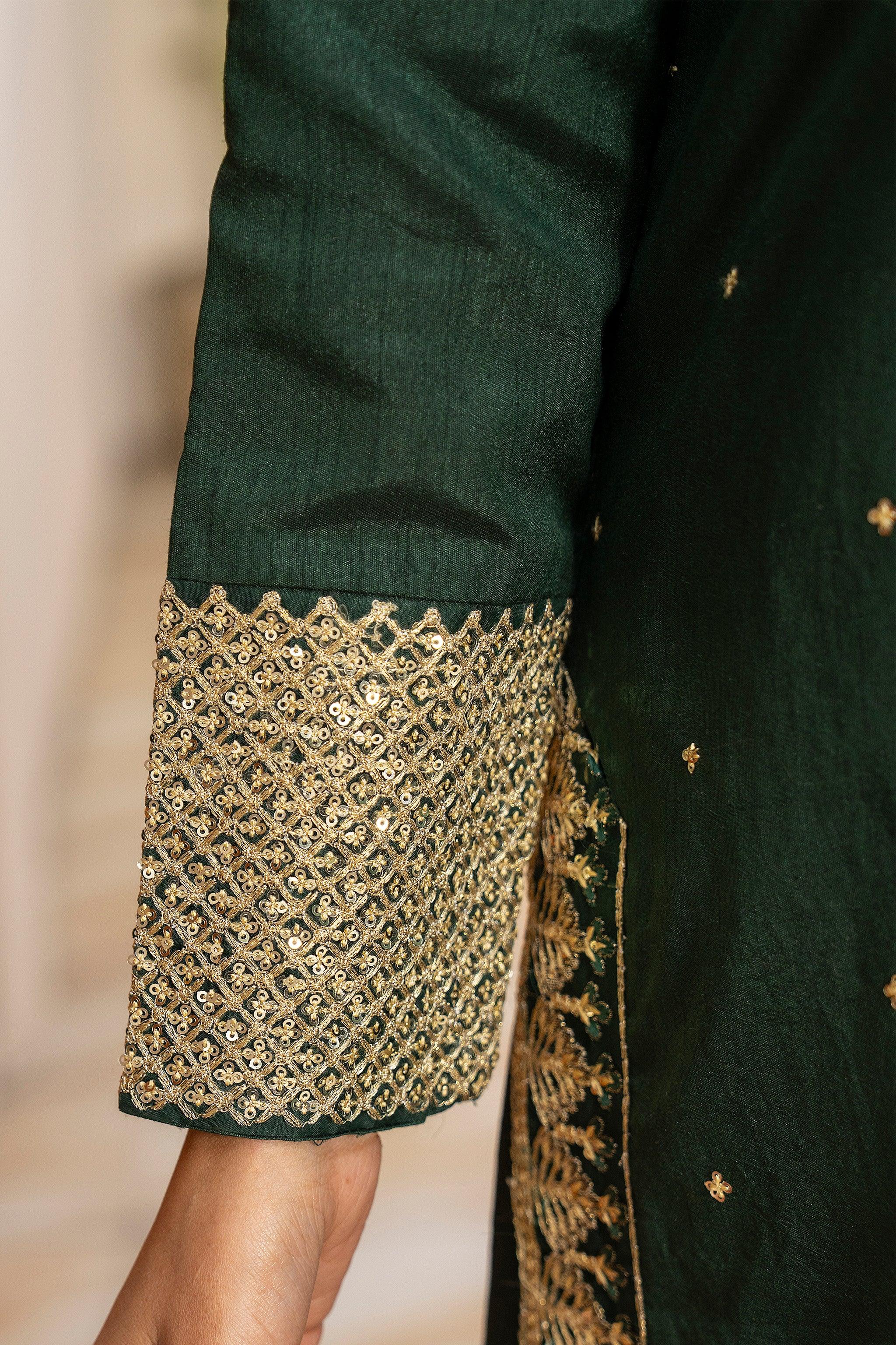 3 Piece Green Thai Silk Ready To Wear - AR-3511 - ARFARIWAJ