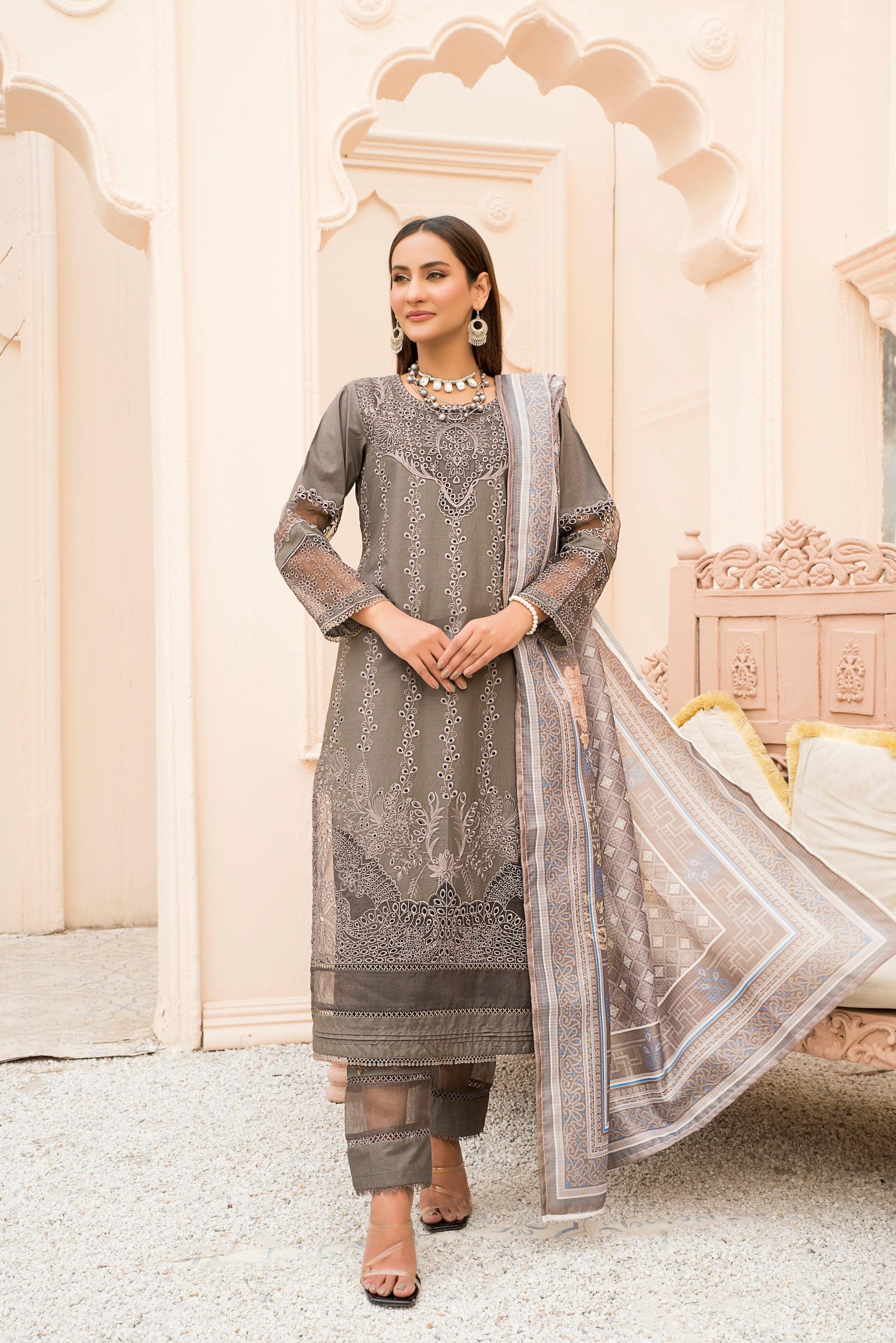 3 Piece Grey Embroidered Suit Ready To Wear - AR-3223 - ARFARIWAJ