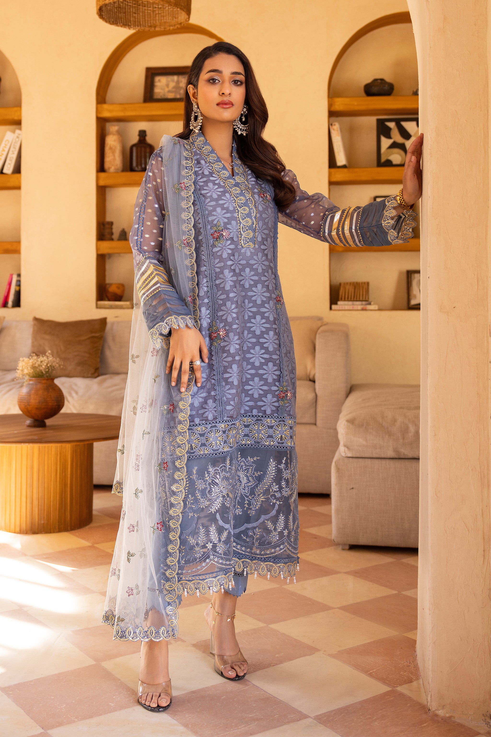 3 Piece Ivory Blue Self Organza Suit Pret - AR-3731 - ARFARIWAJ
