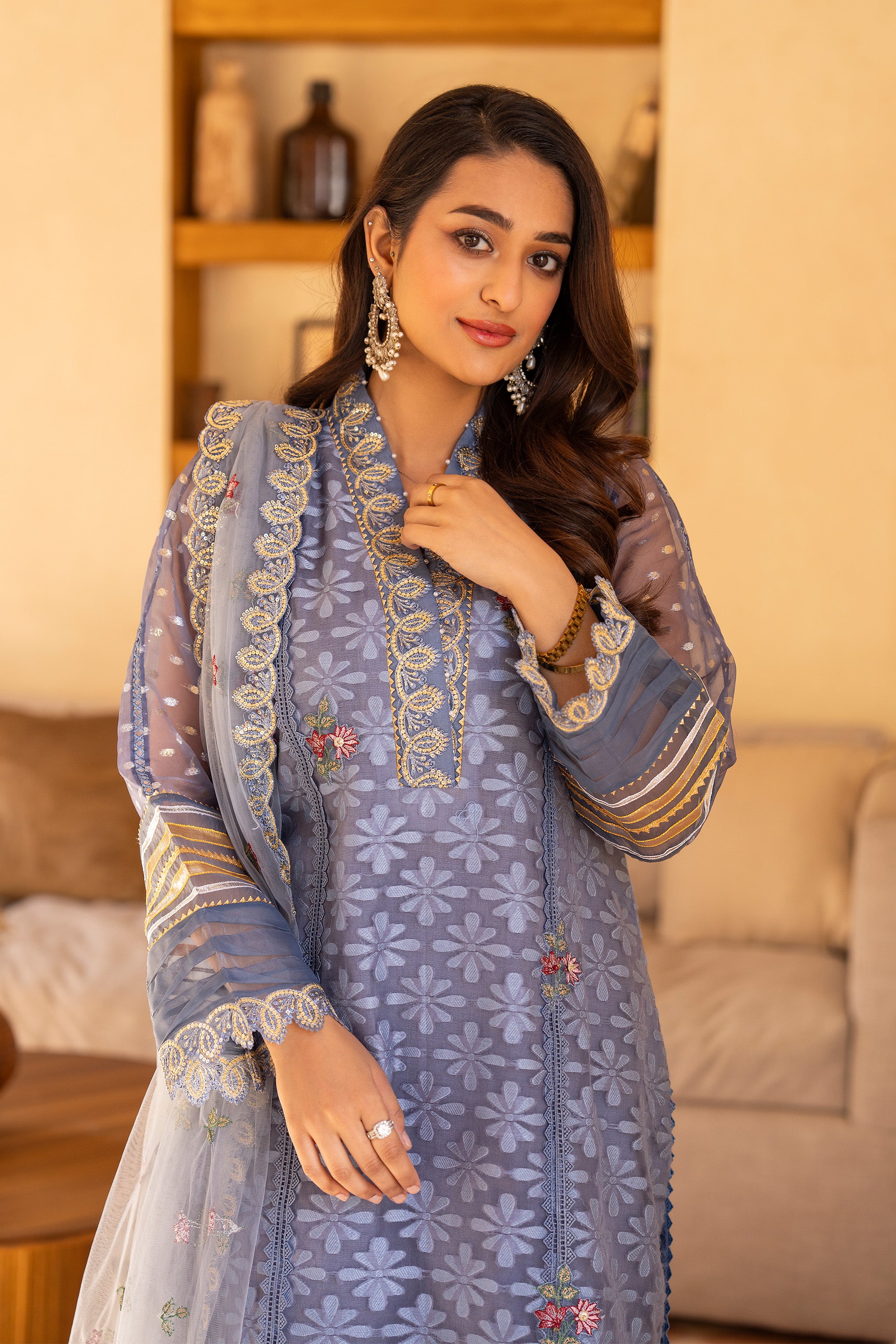 3 Piece Ivory Blue Self Organza Suit Pret - AR-3731 - ARFARIWAJ