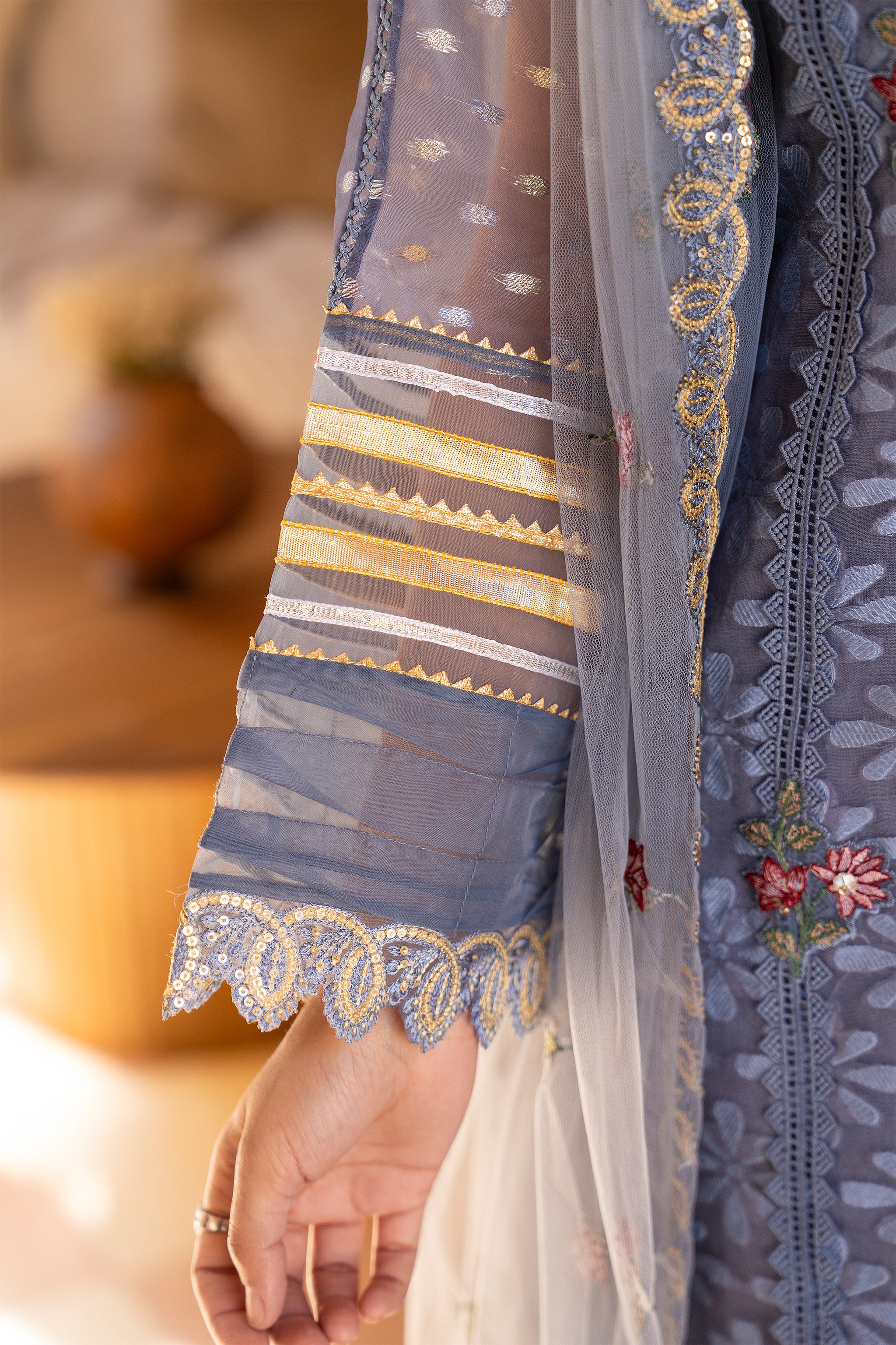 3 Piece Ivory Blue Self Organza Suit Pret - AR-3731 - ARFARIWAJ