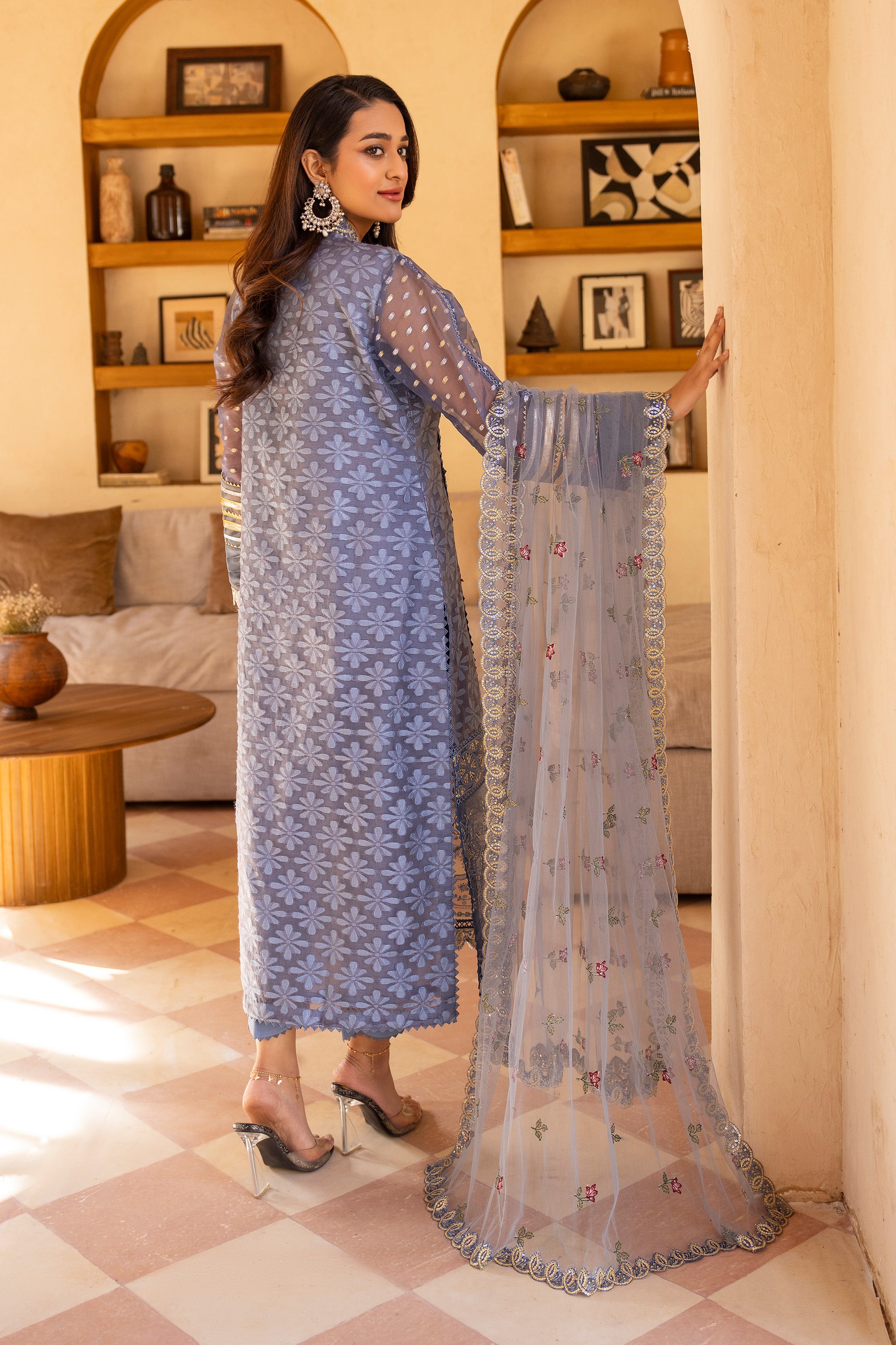 3 Piece Ivory Blue Self Organza Suit Pret - AR-3731 - ARFARIWAJ