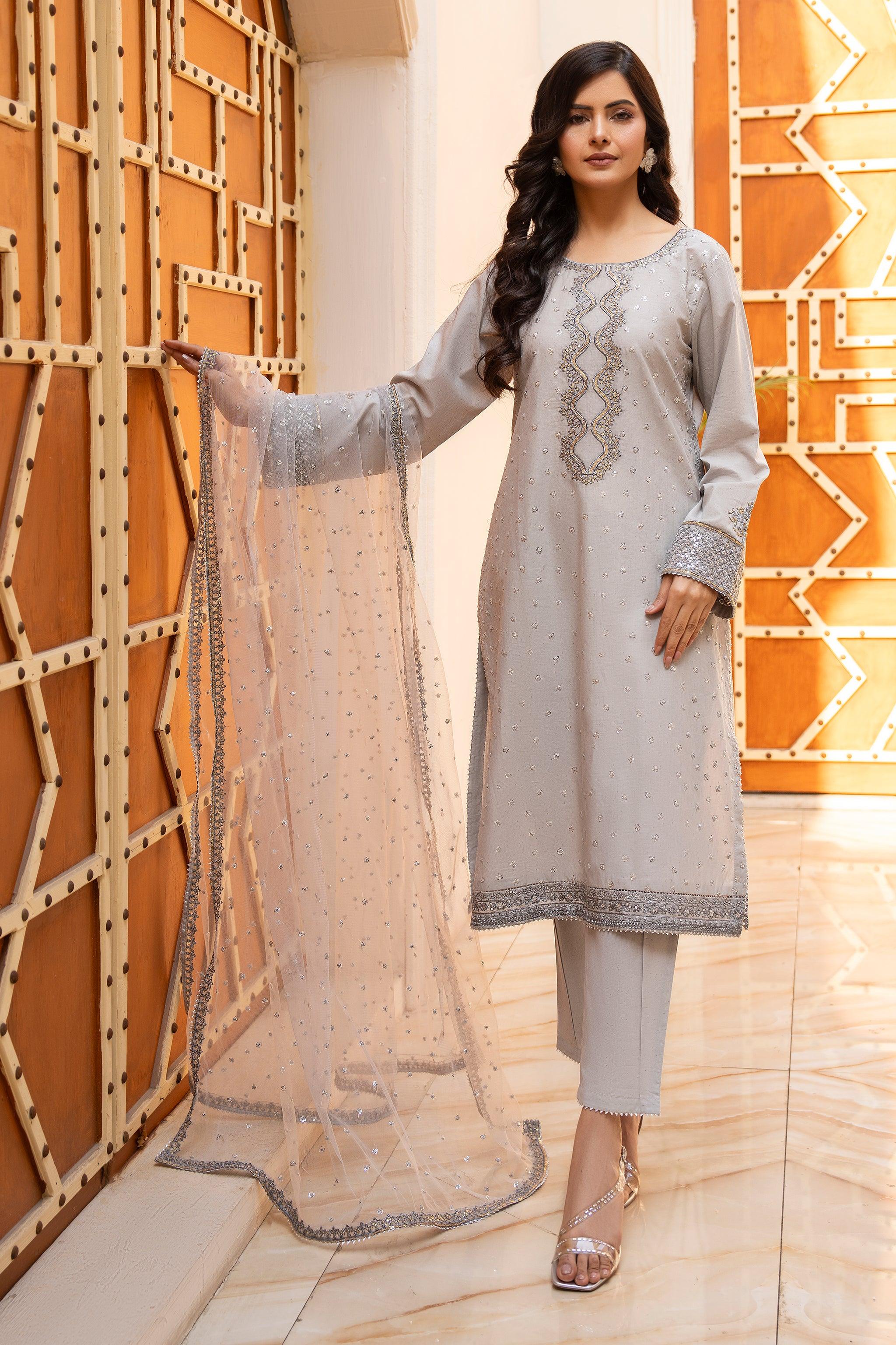 3 Piece Light Grey Naps Lawn Suit Pret - AR-3650 - ARFARIWAJ