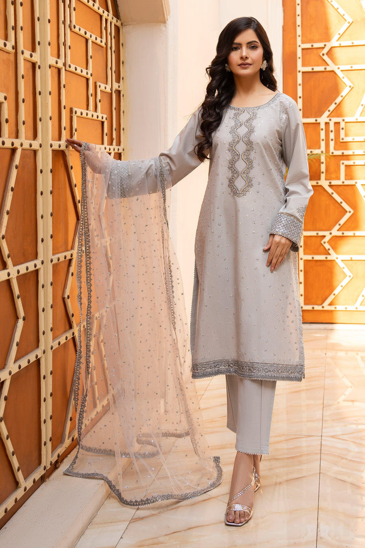 3 Piece Light Grey Naps Lawn Suit Pret - AR-3650 - ARFARIWAJ