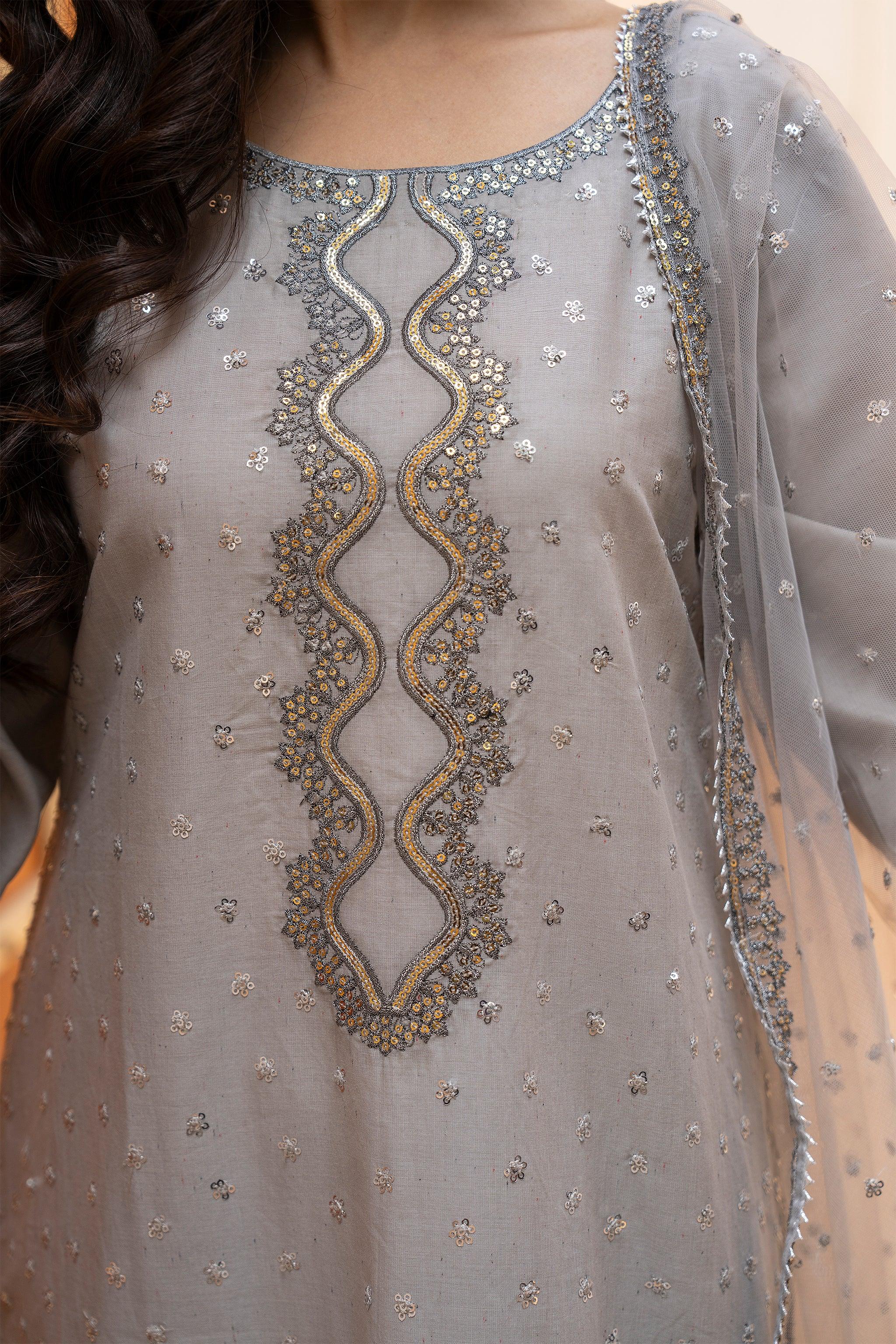 3 Piece Light Grey Naps Lawn Suit Pret - AR-3650 - ARFARIWAJ