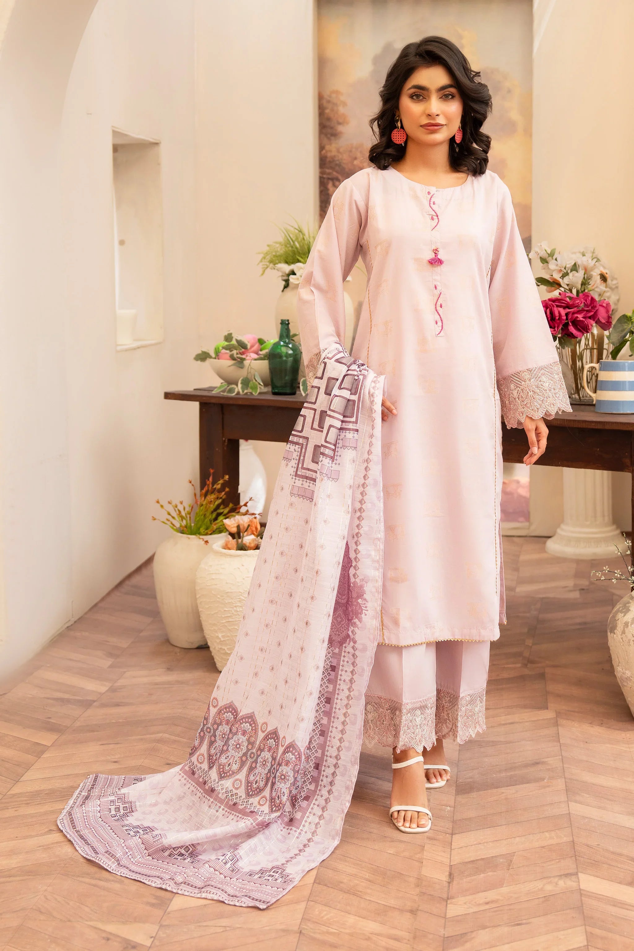 3 Piece Light Pink Jacquard Suit Pret - AR-3563 - ARFARIWAJ