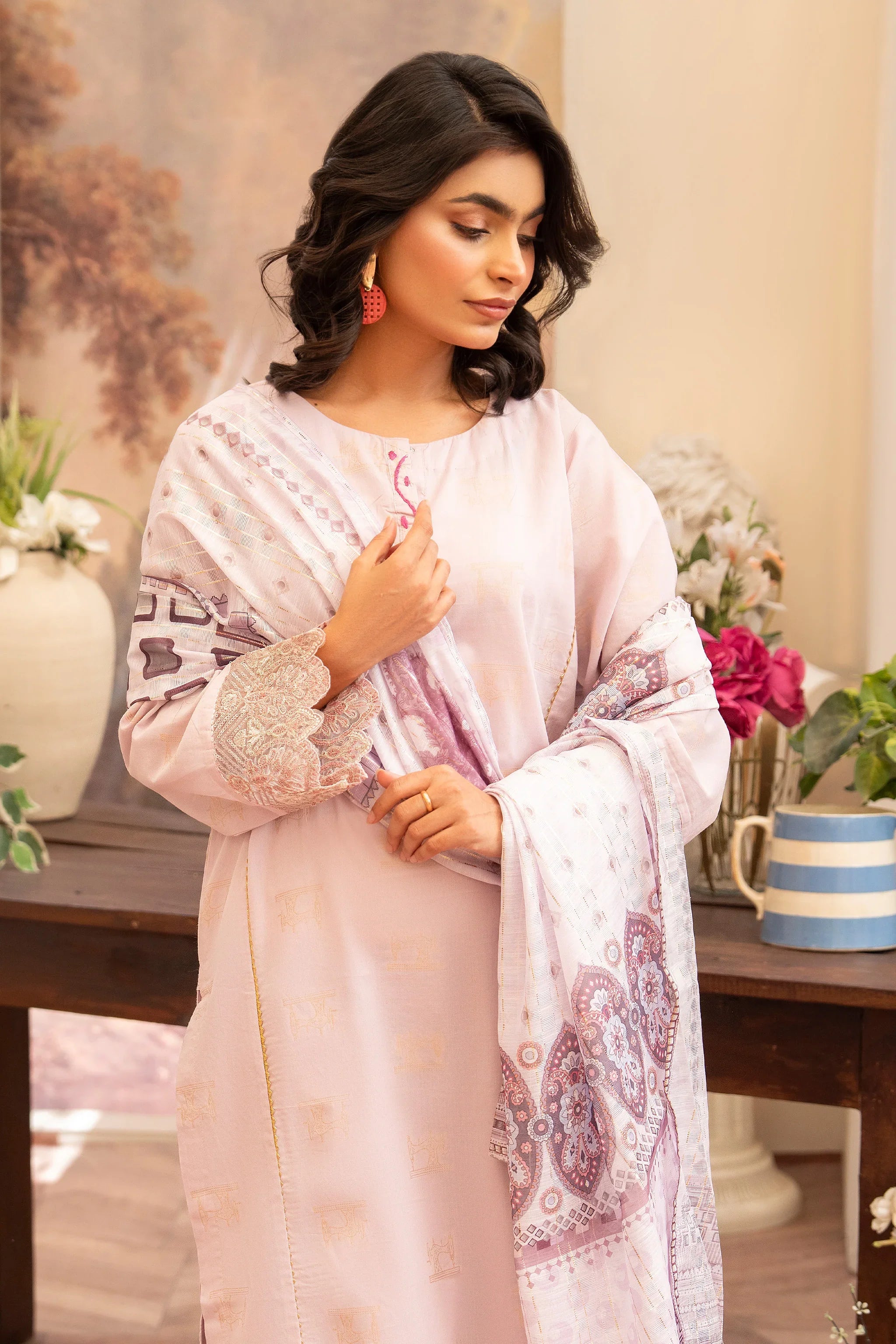 3 Piece Light Pink Jacquard Suit Pret - AR-3563 - ARFARIWAJ