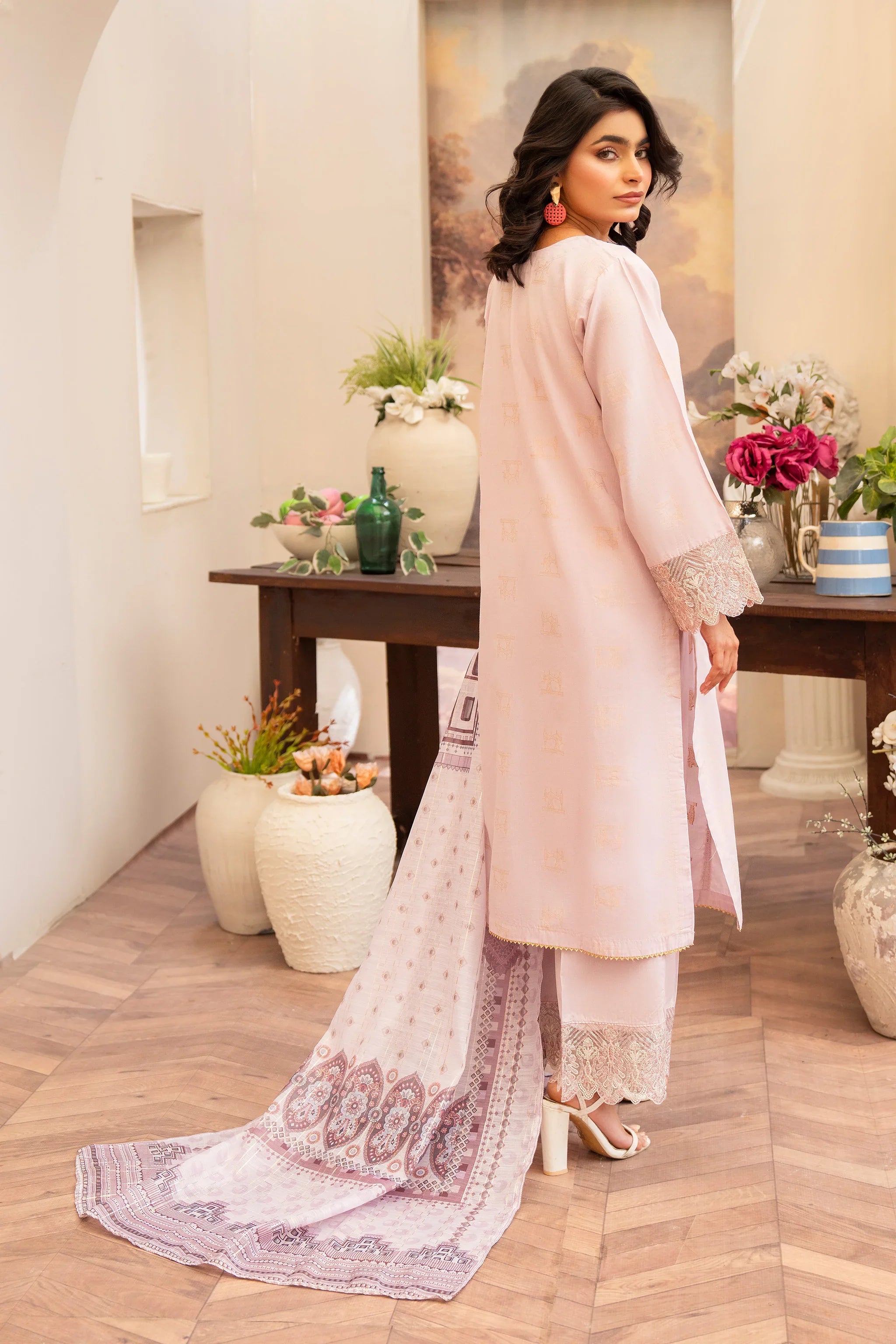 3 Piece Light Pink Jacquard Suit RTW - AR-3563 - ARFARIWAJ