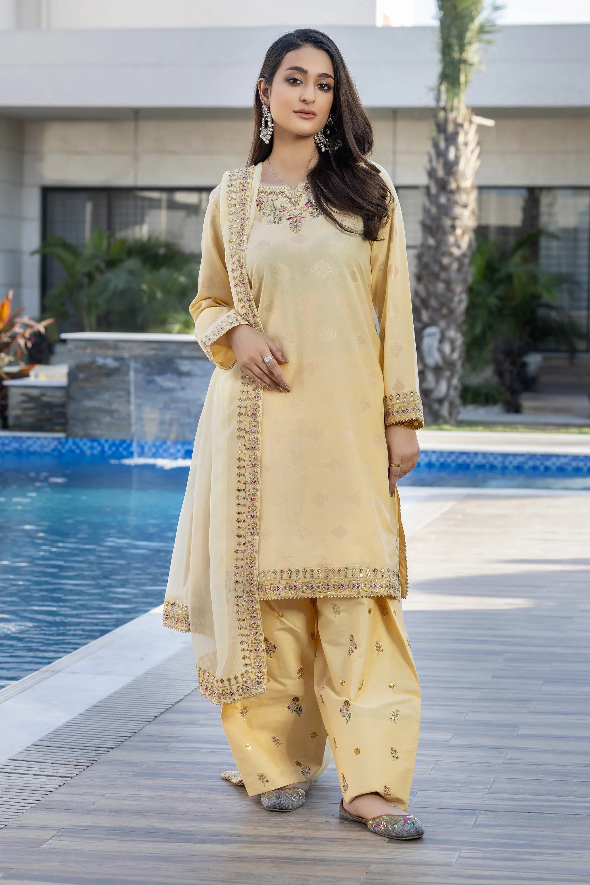 3 Piece Light Yellow Allover Jacquard Suit Pret - AR-3725 - ARFARIWAJ