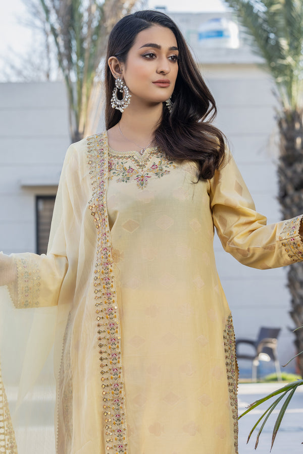 3 Piece Light Yellow Allover Jacquard Suit Pret - AR-3725 - ARFARIWAJ