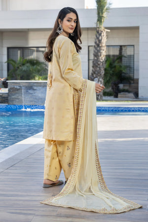 3 Piece Light Yellow Allover Jacquard Suit Pret - AR-3725 - ARFARIWAJ