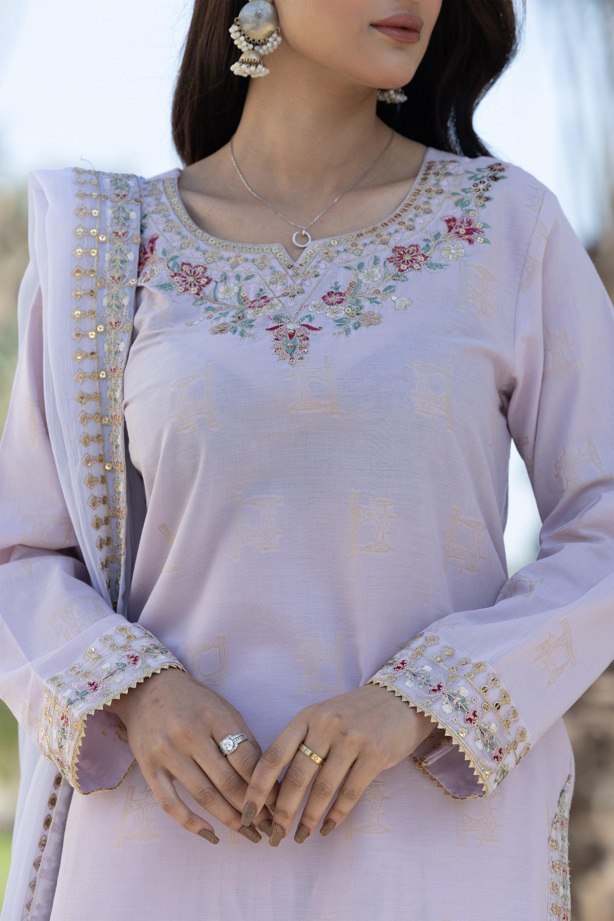 3 Piece Lilac Self Jacquard Suit Pret - AR-3725 Lilac - ARFARIWAJ