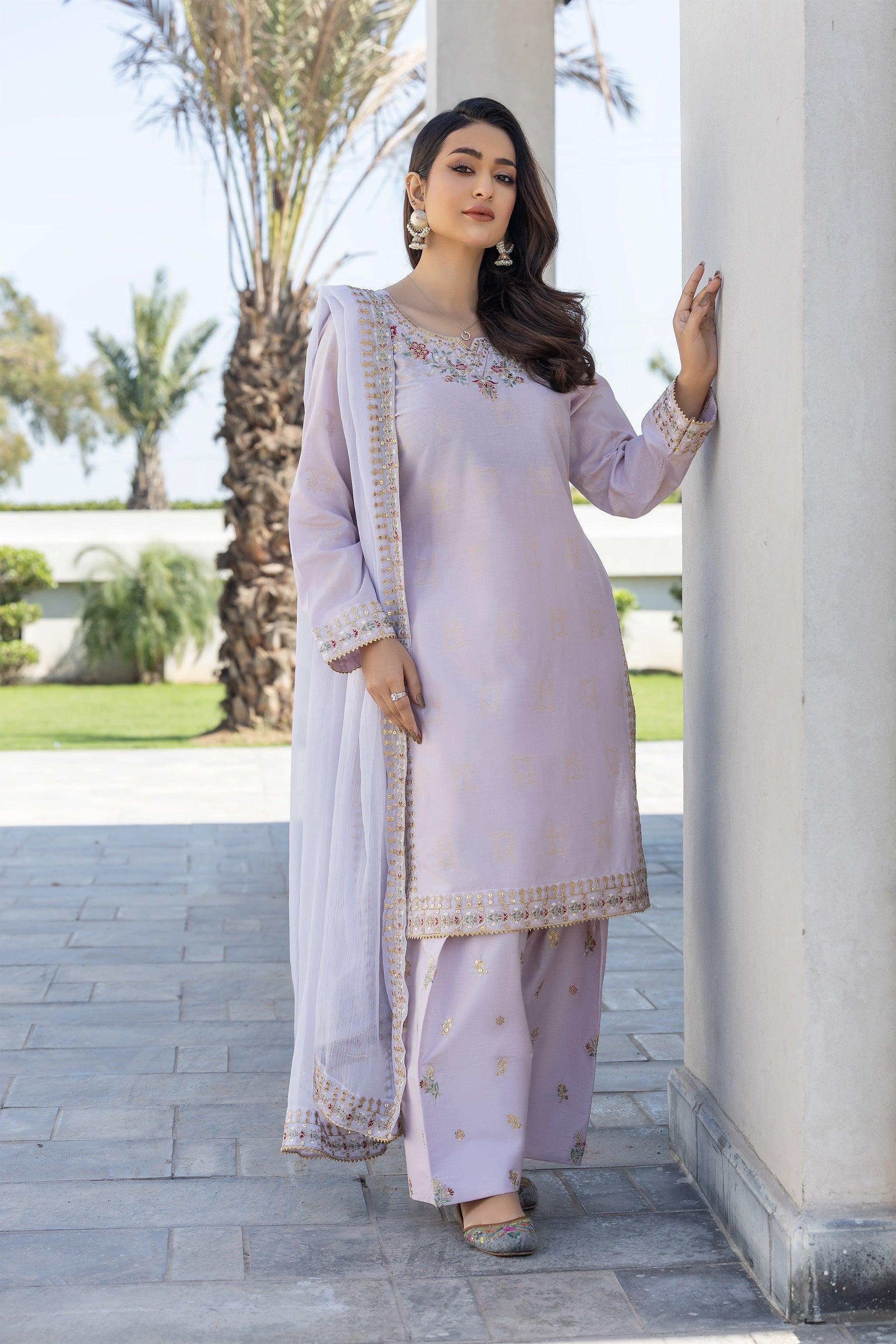 3 Piece Lilac Self Jacquard Suit Pret - AR-3725 Lilac - ARFARIWAJ