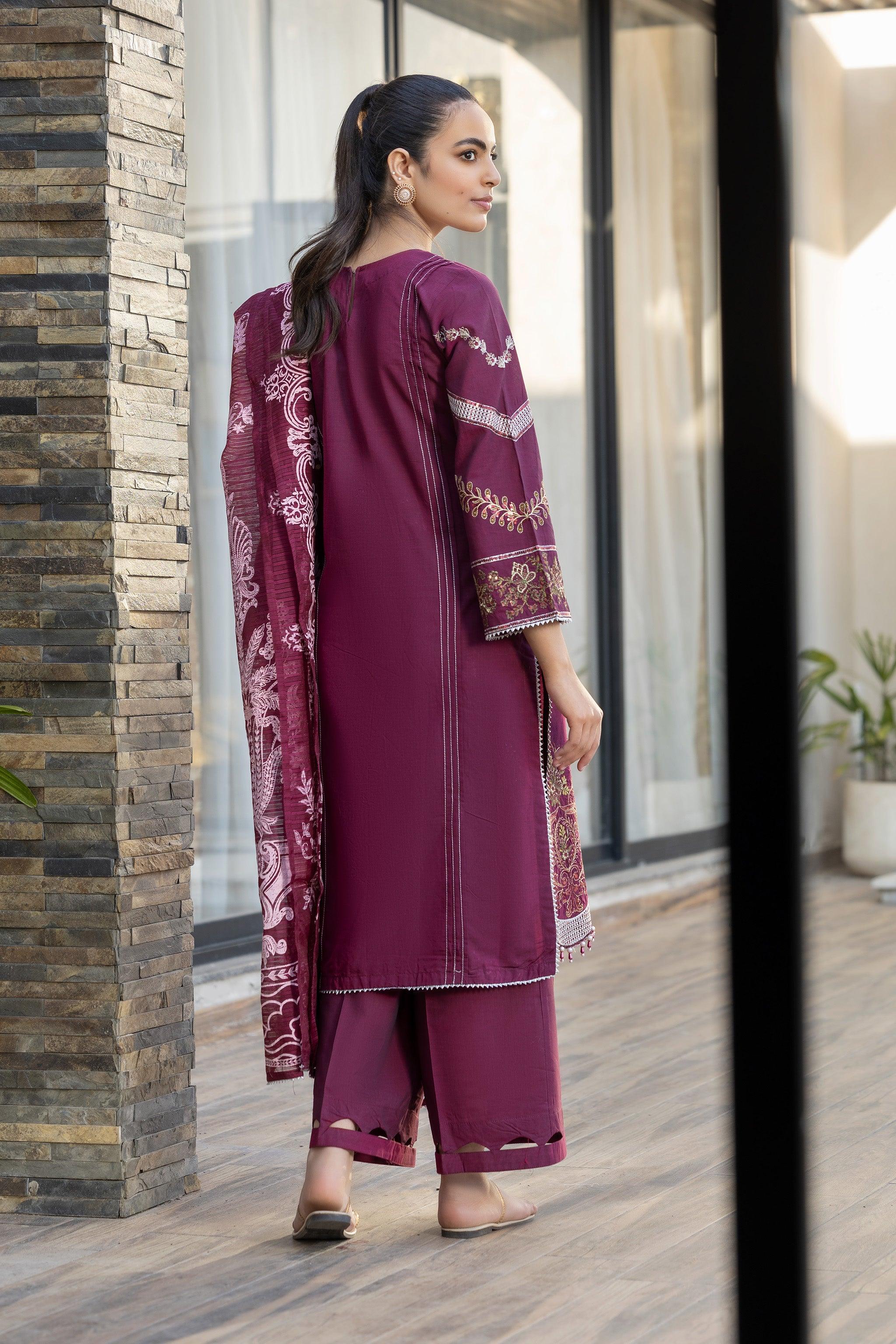 3 Piece Maroon Chambray Ready To Wear - AR-3661 - ARFARIWAJ