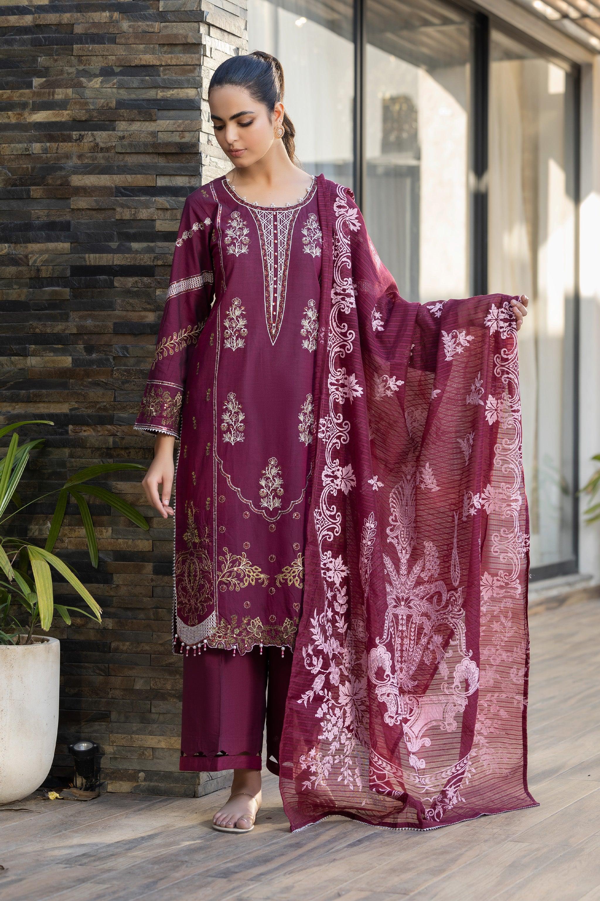 3 Piece Maroon Chambray Suit Pret - AR-3661 - ARFARIWAJ