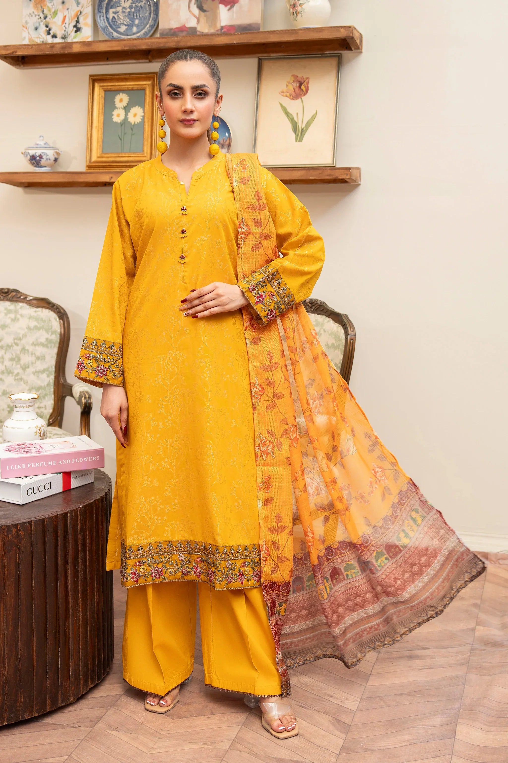 3 Piece Mustard Jacquard Suit Pret - AR-3557 - ARFARIWAJ