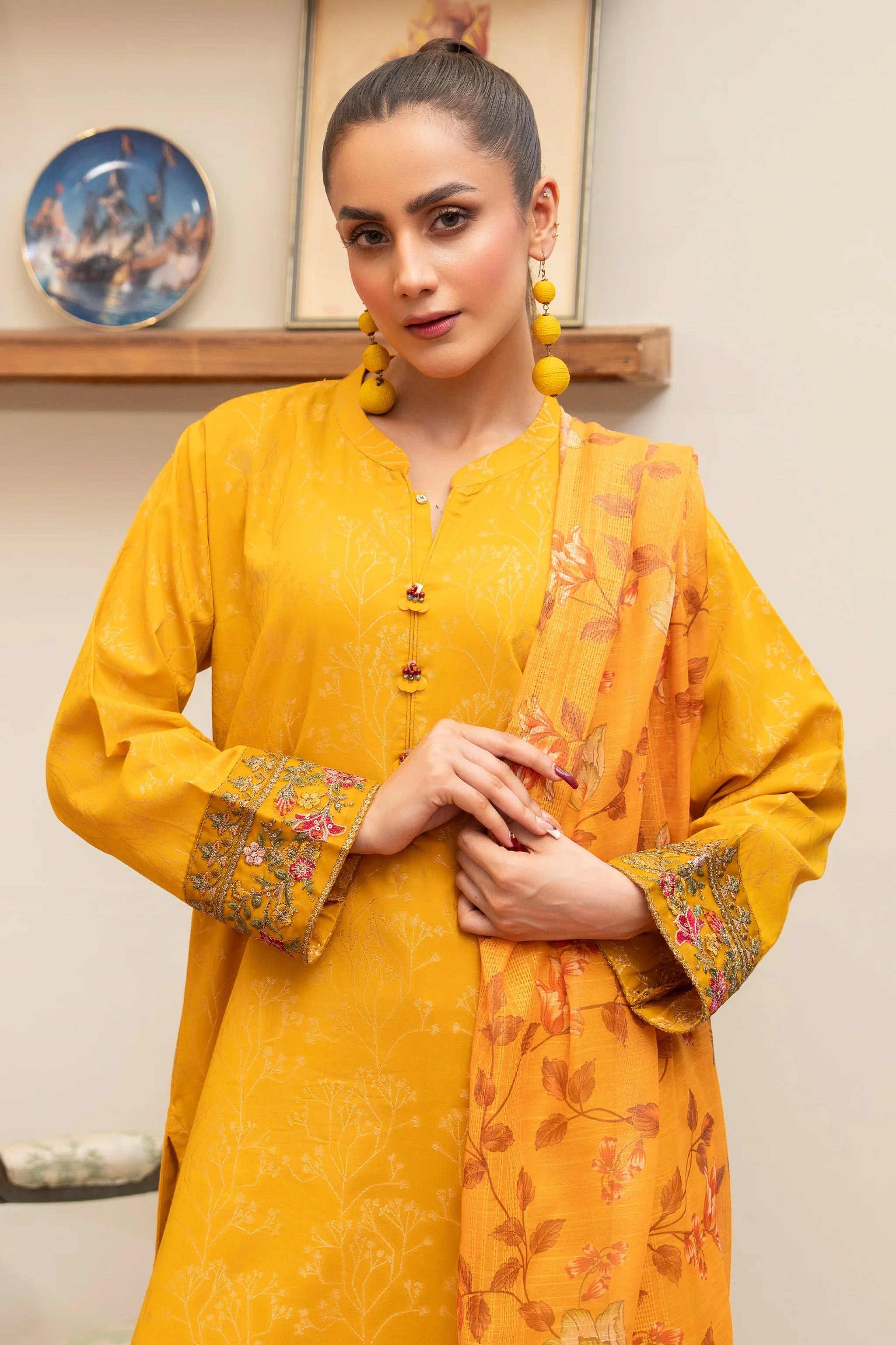 3 Piece Mustard Jacquard Suit Pret - AR-3557 - ARFARIWAJ