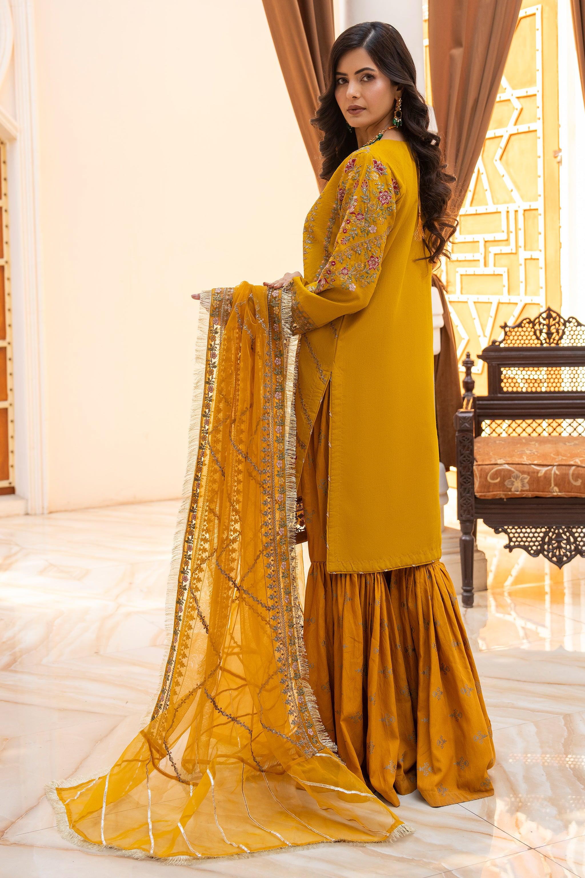 3 Piece Mustard Raw Silk Ready To Wear - IN-323 - ARFARIWAJ