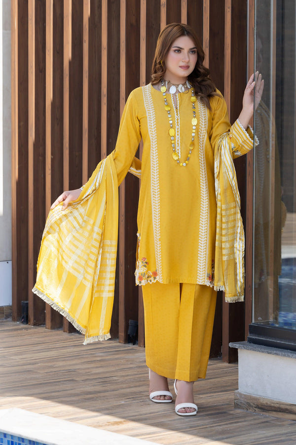3 Piece Mustard Self Jacquard Suit Pret - AR-3613 - ARFARIWAJ
