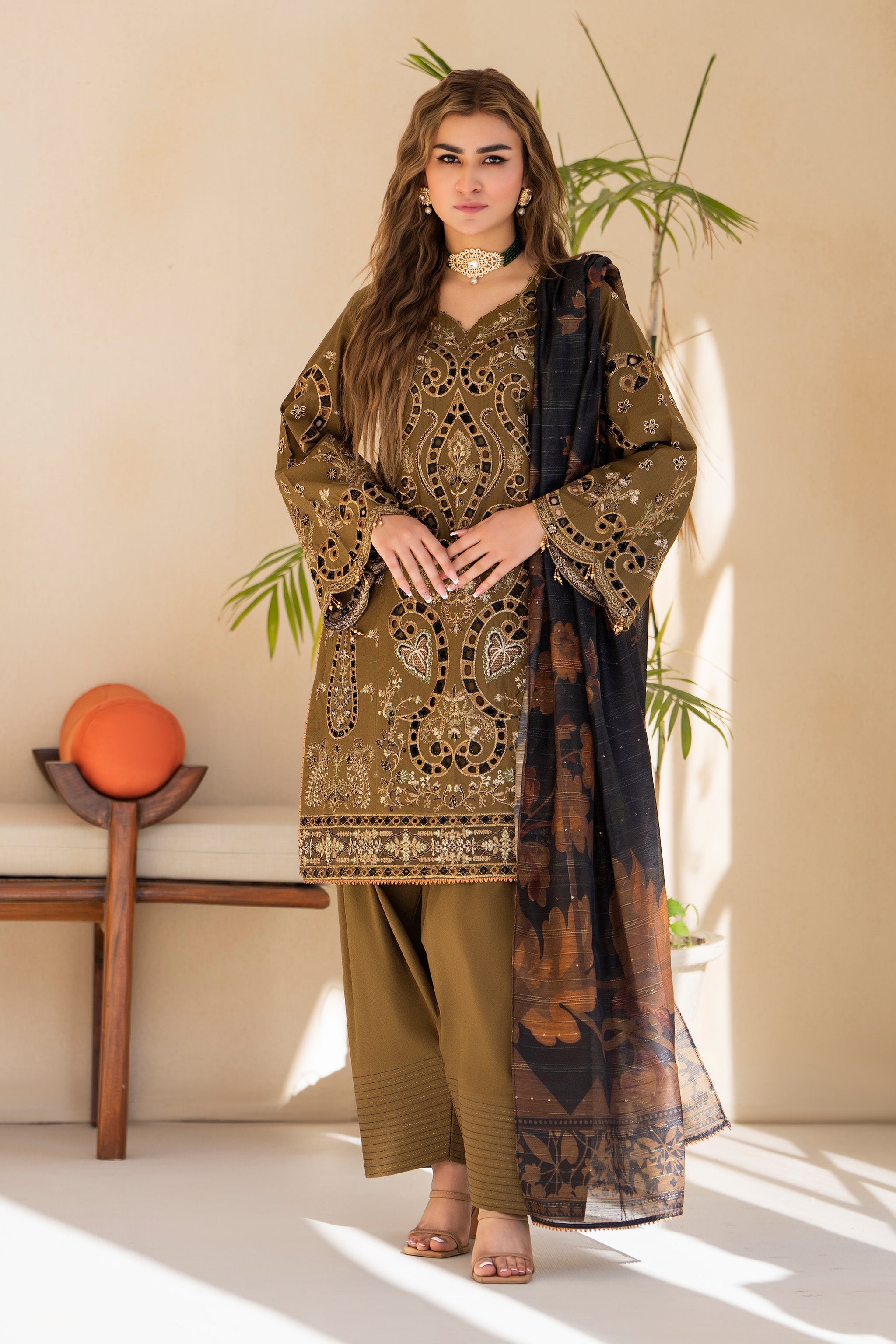 3 Piece Olive Jacquard Ready To Wear - AR-3751 - ARFARIWAJ