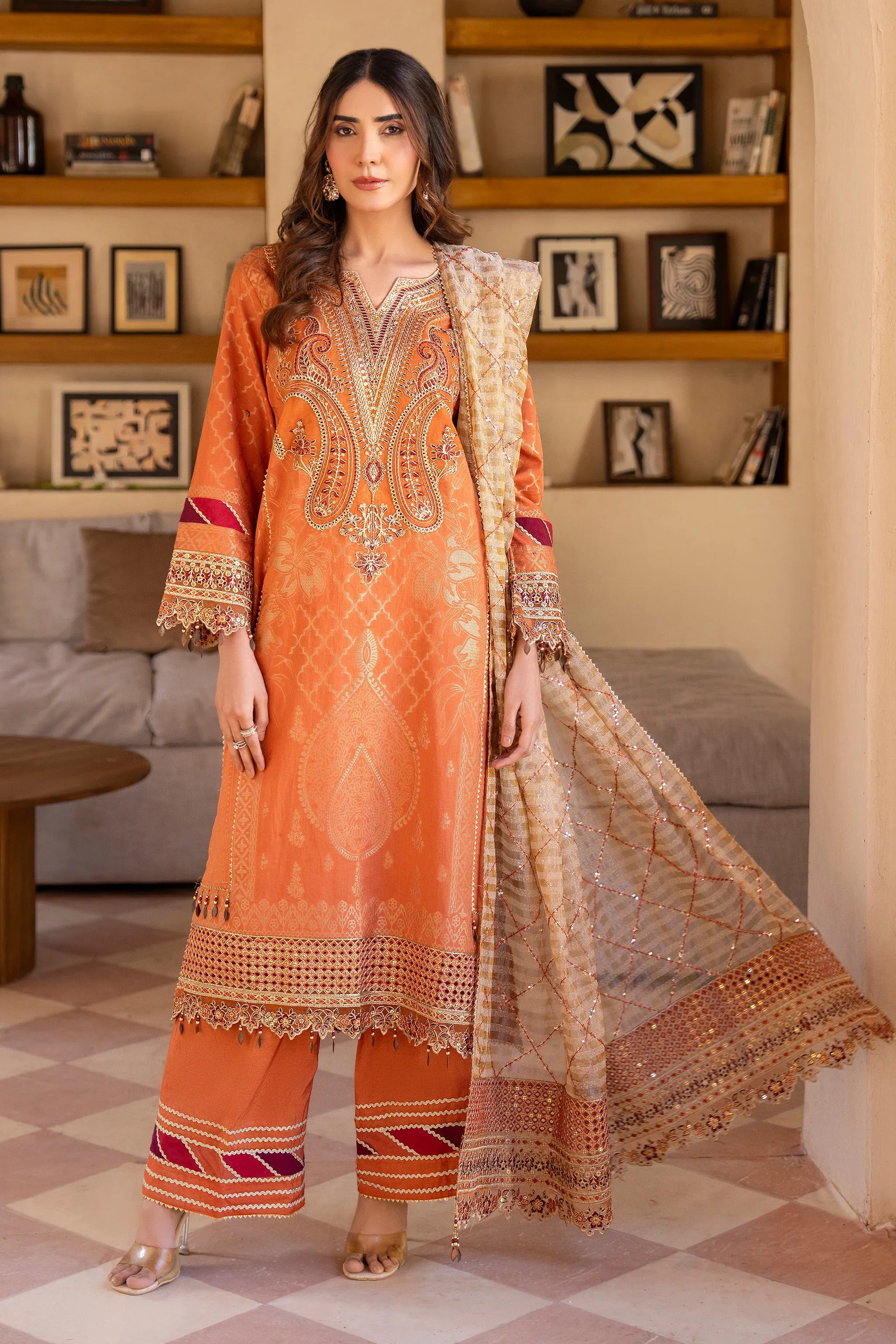 3 Piece Orange Composed Jacquard Suit Pret - AR-3079 - ARFARIWAJ