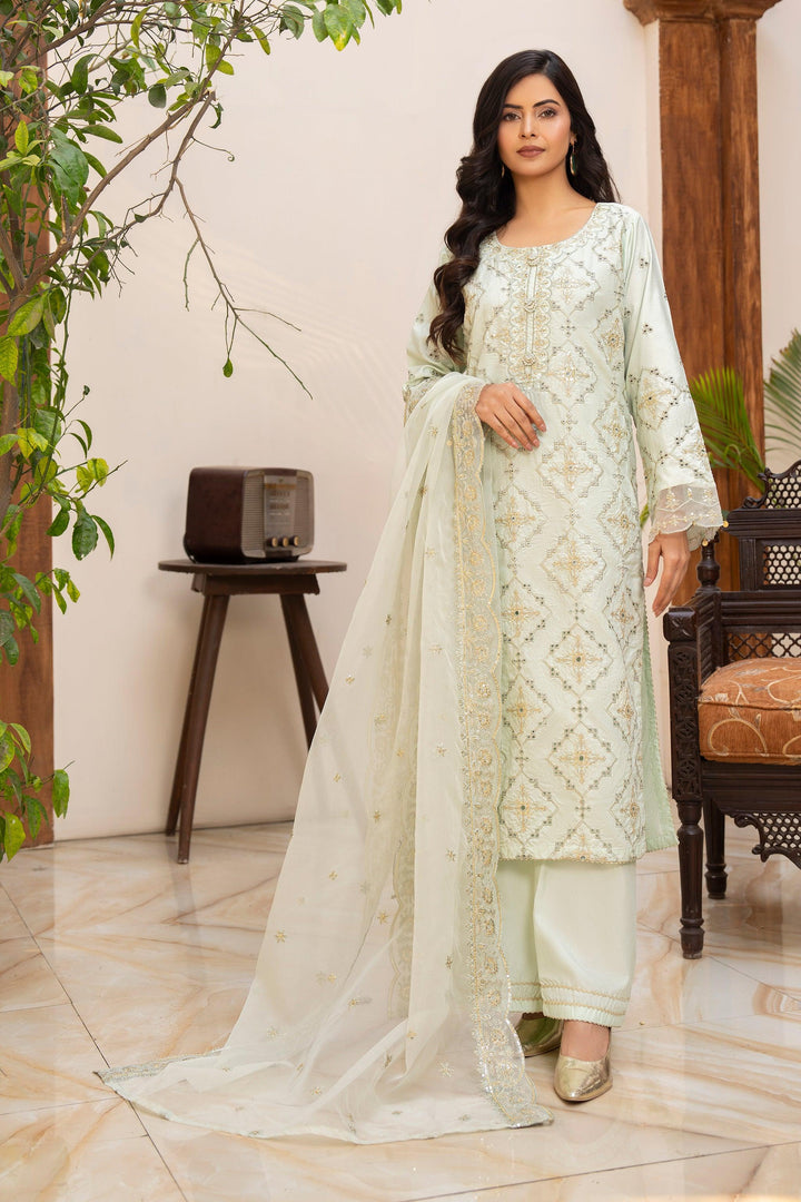3 Piece Pastel Pistachio Thai Silk Suit Pret - AR-3445 - ARFARIWAJ