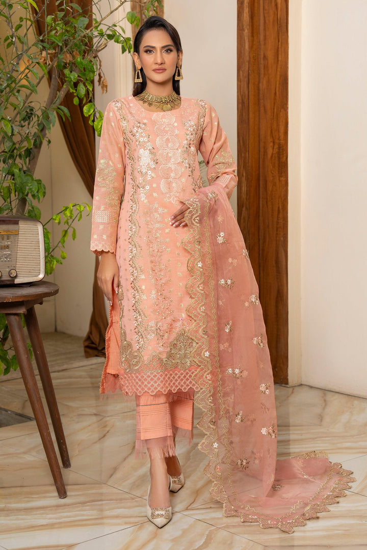 3 Piece Peach Zari Jacquard Suit Pret - AR-3669 - ARFARIWAJ