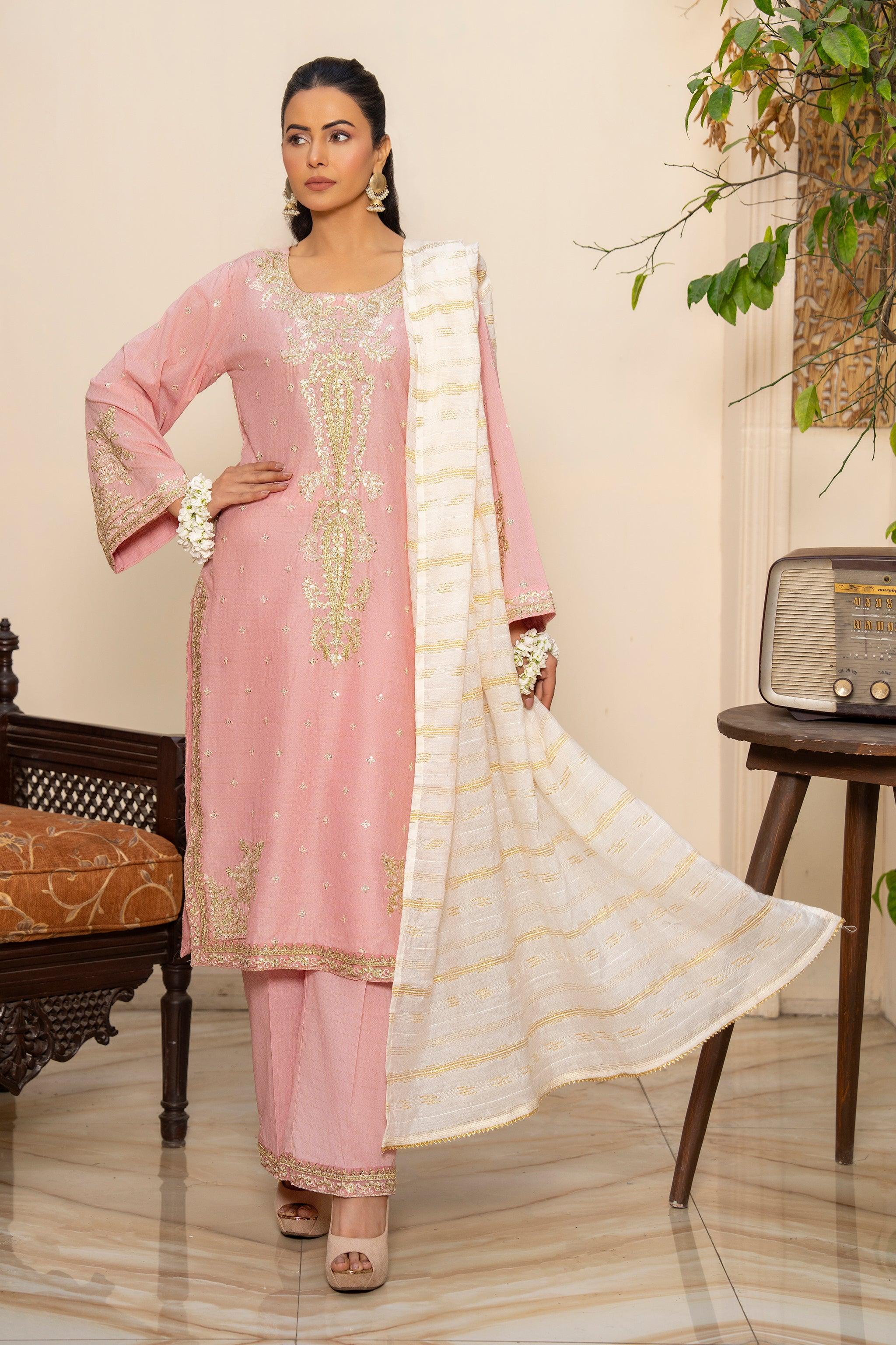 3 Piece Pink Grid Ready To Wear - AR-3657 - ARFARIWAJ
